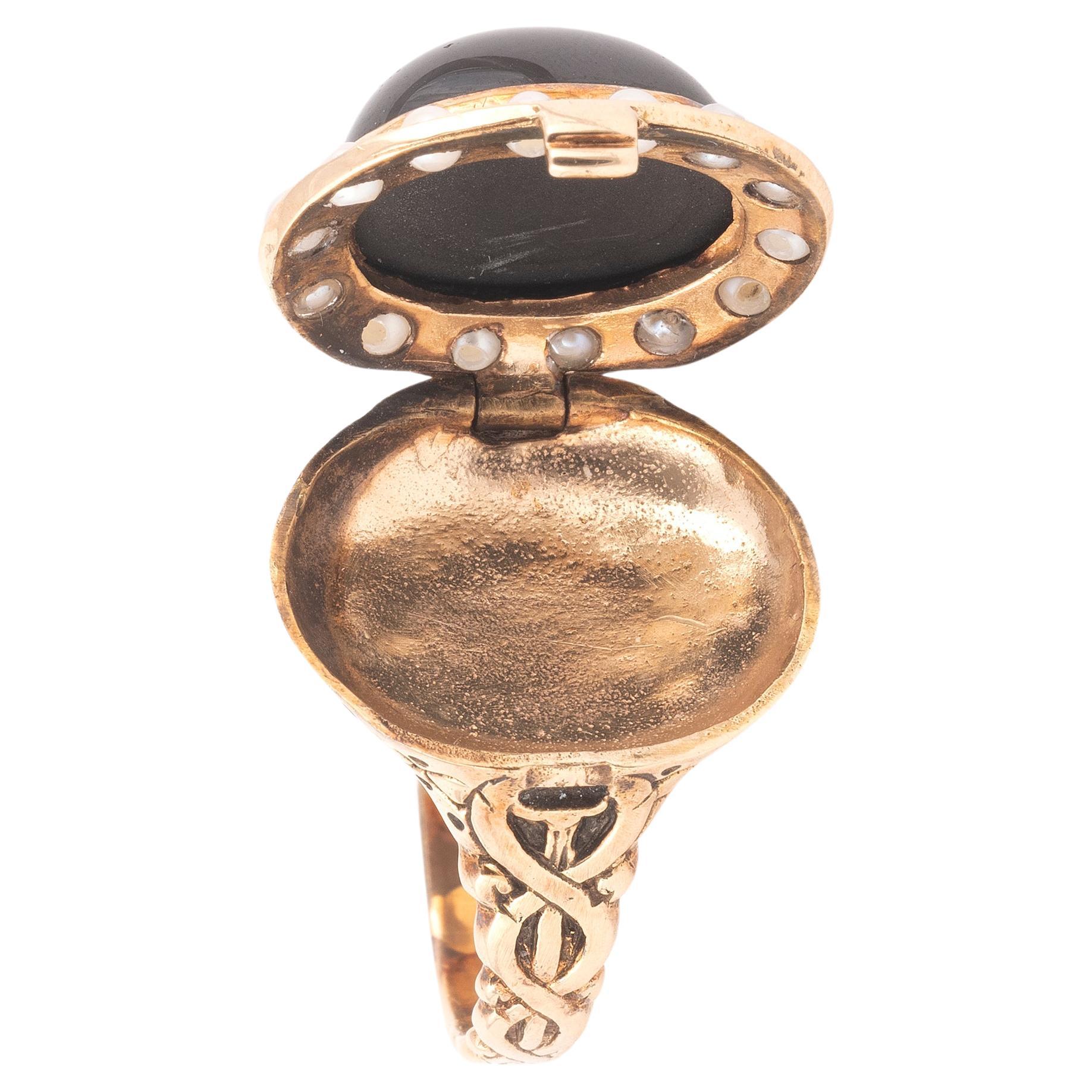 Georgian Late 18th Century Cabochon Garnet And Pearl Poison Ring