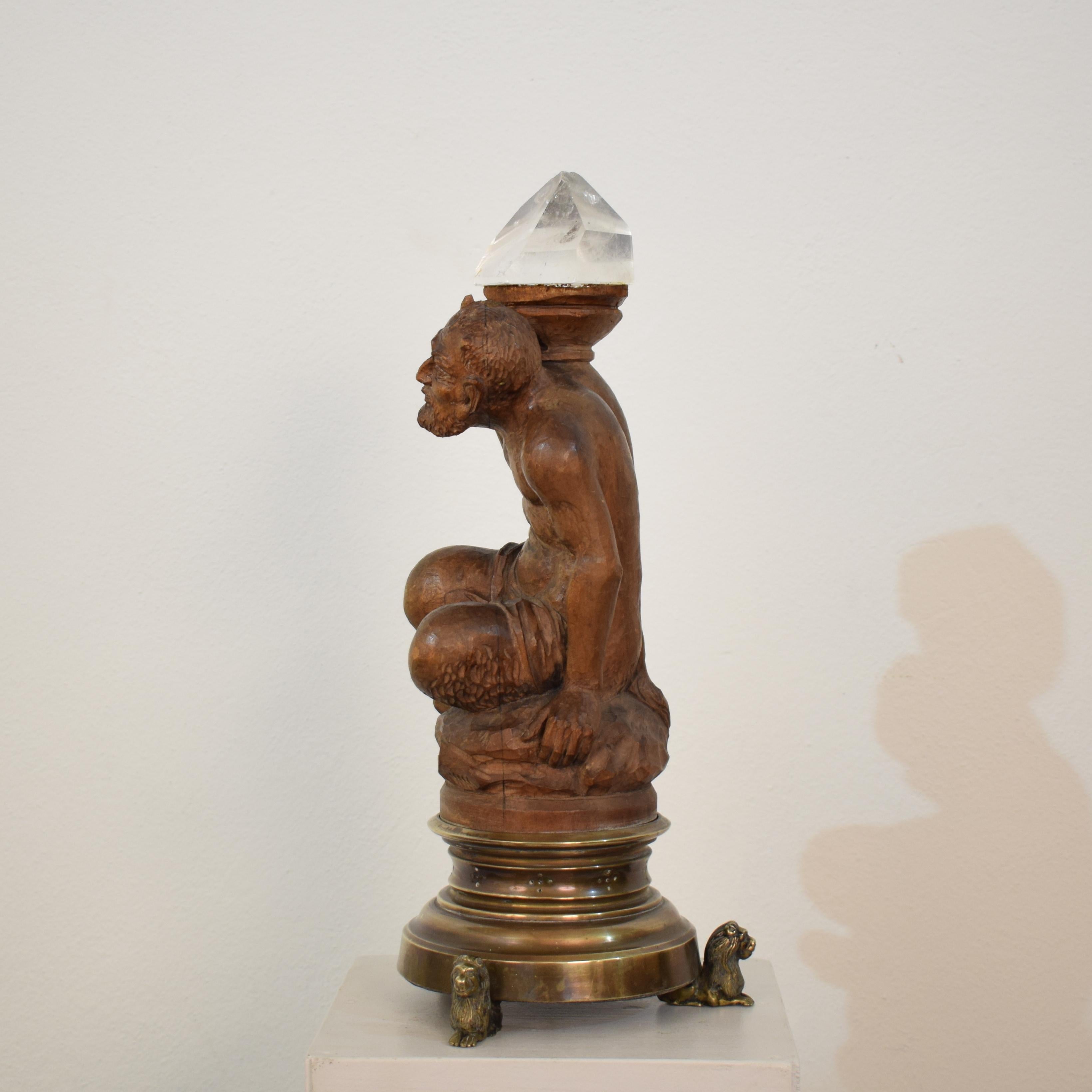 Late 18th Century Carved Faun with a Crystal Stone and a Brass Base with Lions 5