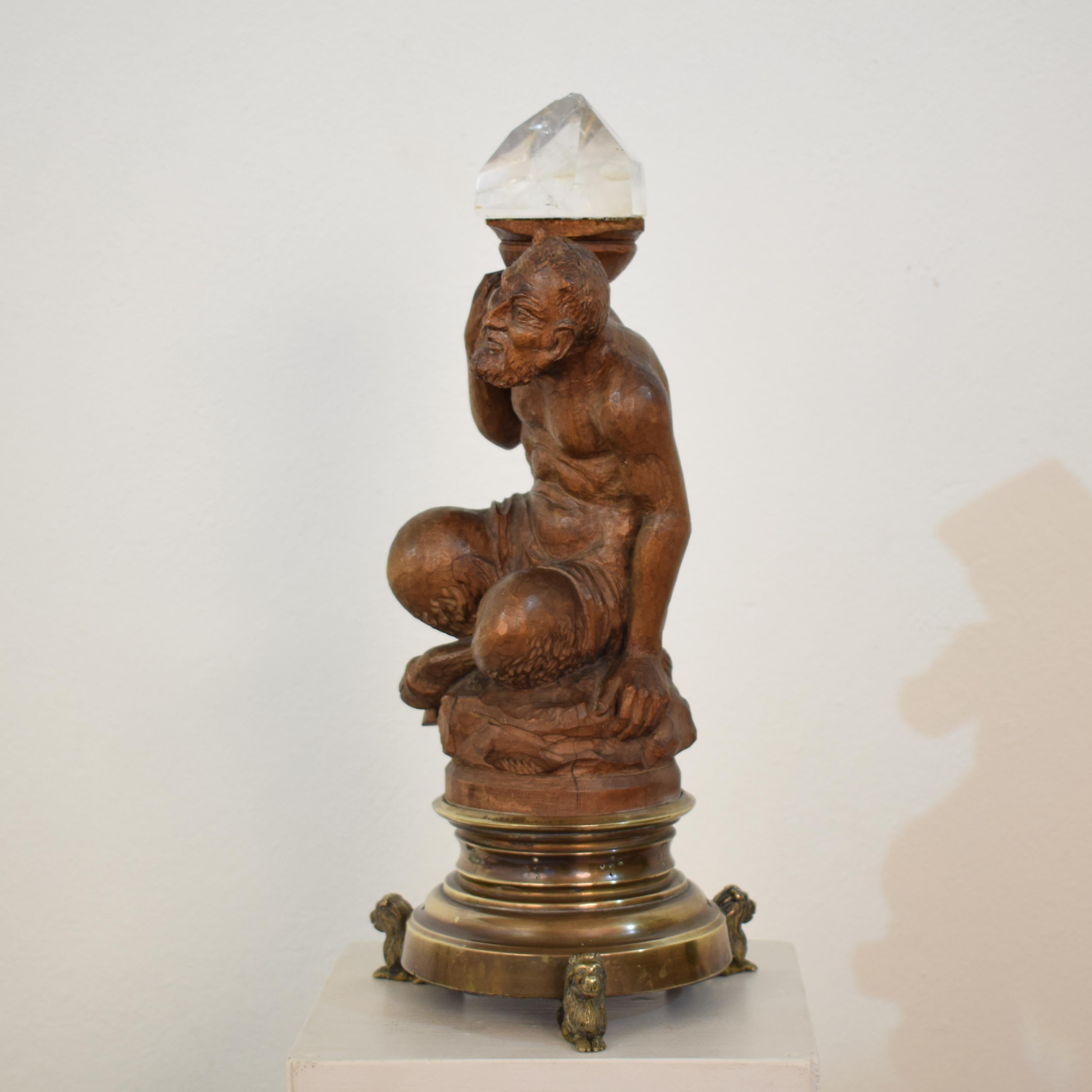 Late 18th Century Carved Faun with a Crystal Stone and a Brass Base with Lions In Good Condition In Berlin, DE