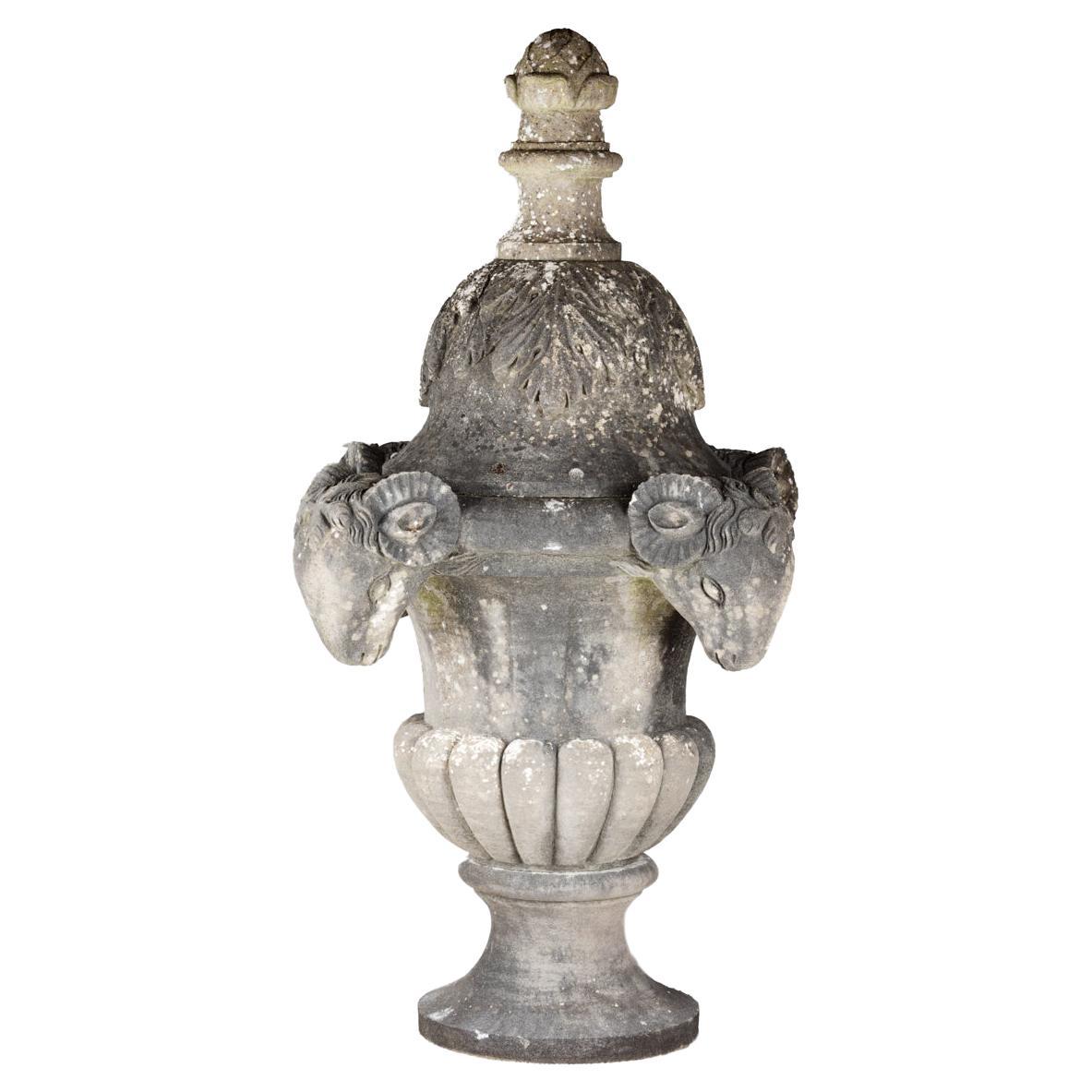 Late 18th Century Carved Limestone Garden Urn with Stylised Ram Heads For Sale
