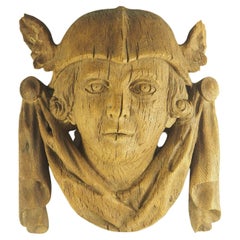 Antique Late 18th Century Carved Oak Mask Depicting Mercury, 'Wall Mount'