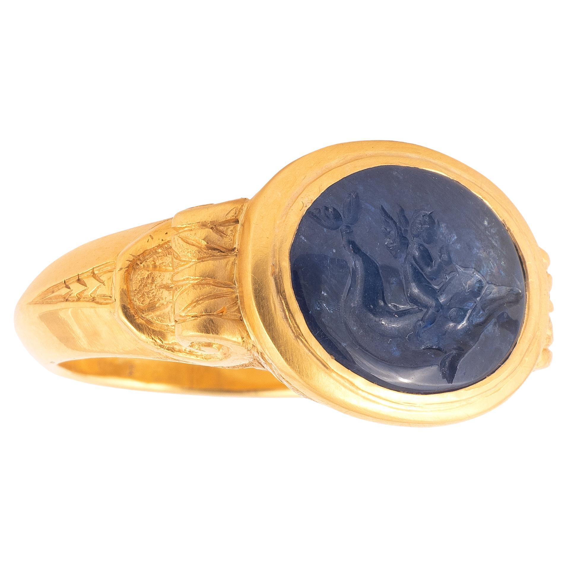 Uncut Late 18th Century Carved Sapphire Intaglio Ring