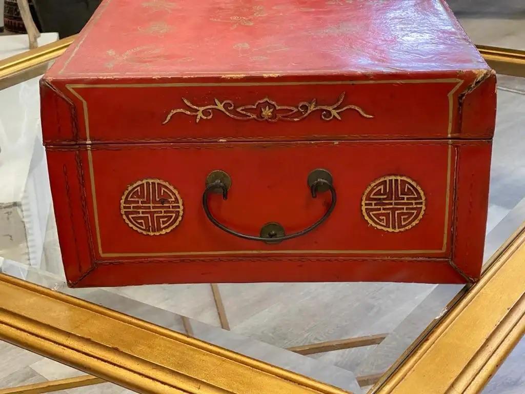 A late 18th century Chinese export leather covered wood trunk circa 1780. 8.5” H. x 23.5” W. x 16” D. 