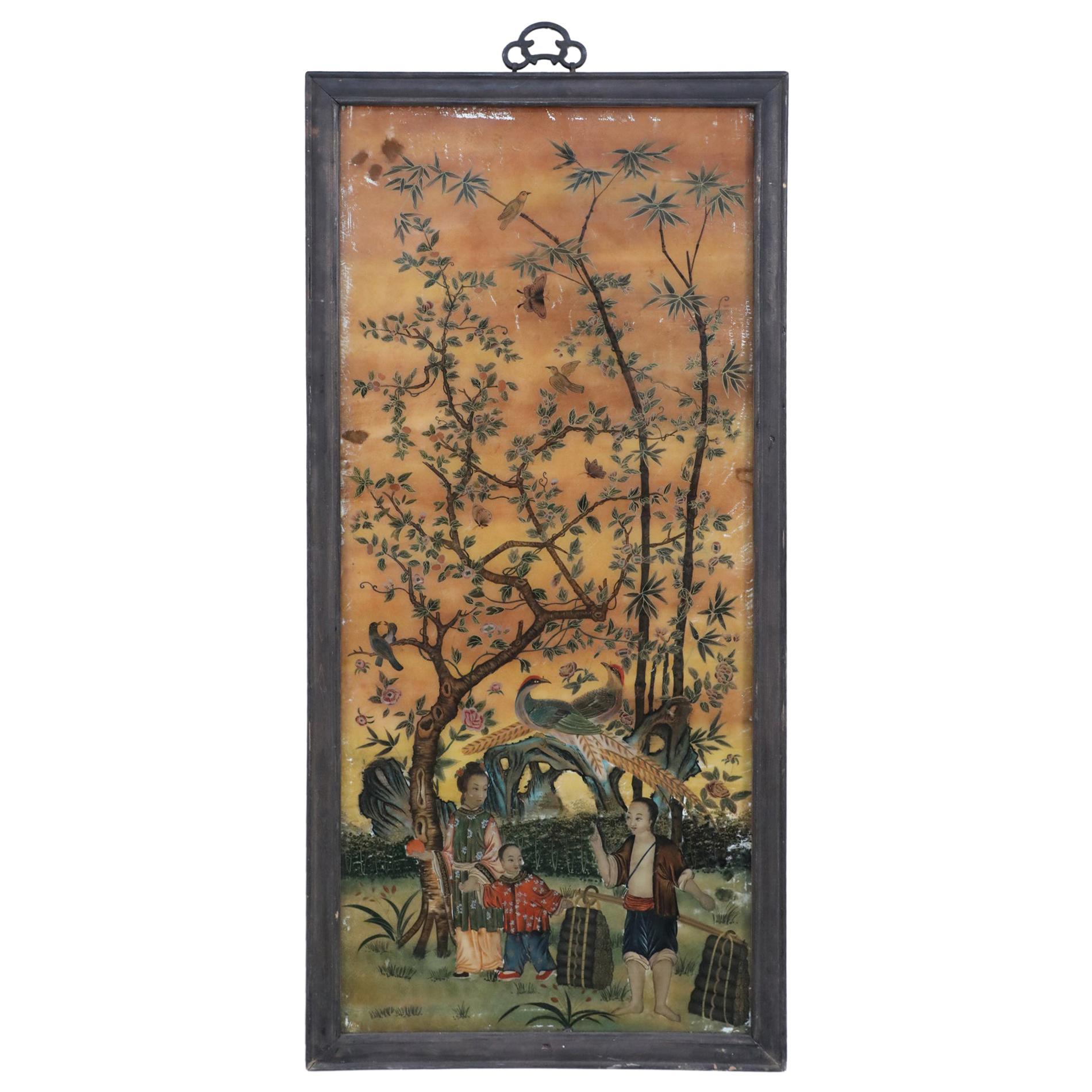 Late 18th Century Chinese Glass Painted Scene of a Family Gathering Fruit