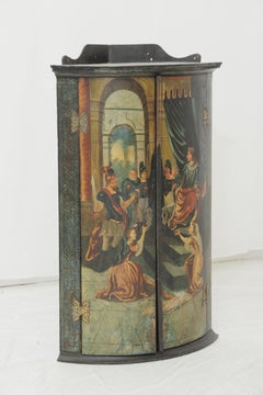 Late 18th Century Corner Cupboard with Painted Medieval Scene & Black Background