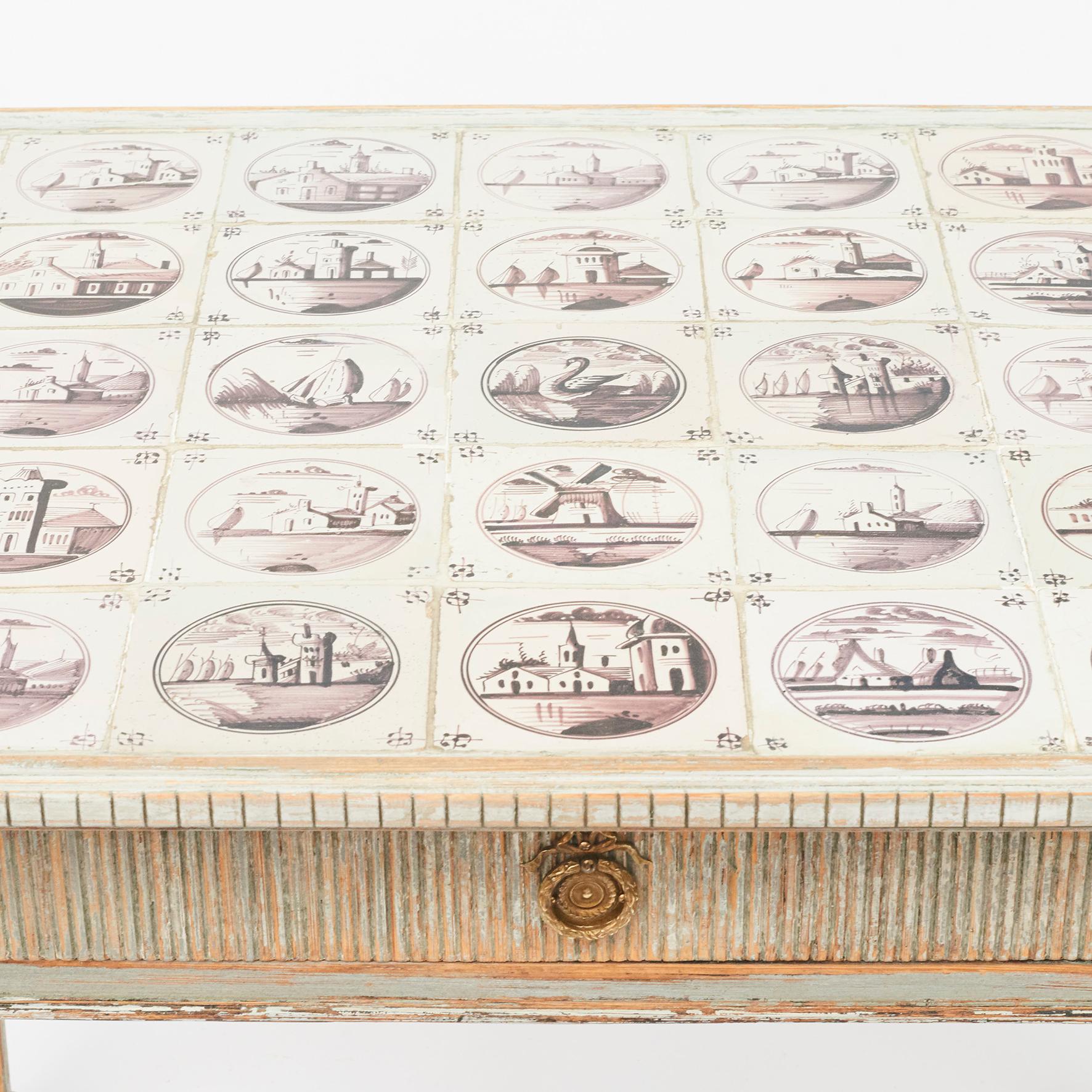 Louis XIV Late 18th Century Danish Louis XVI Table with Dutch Decorated Tiles