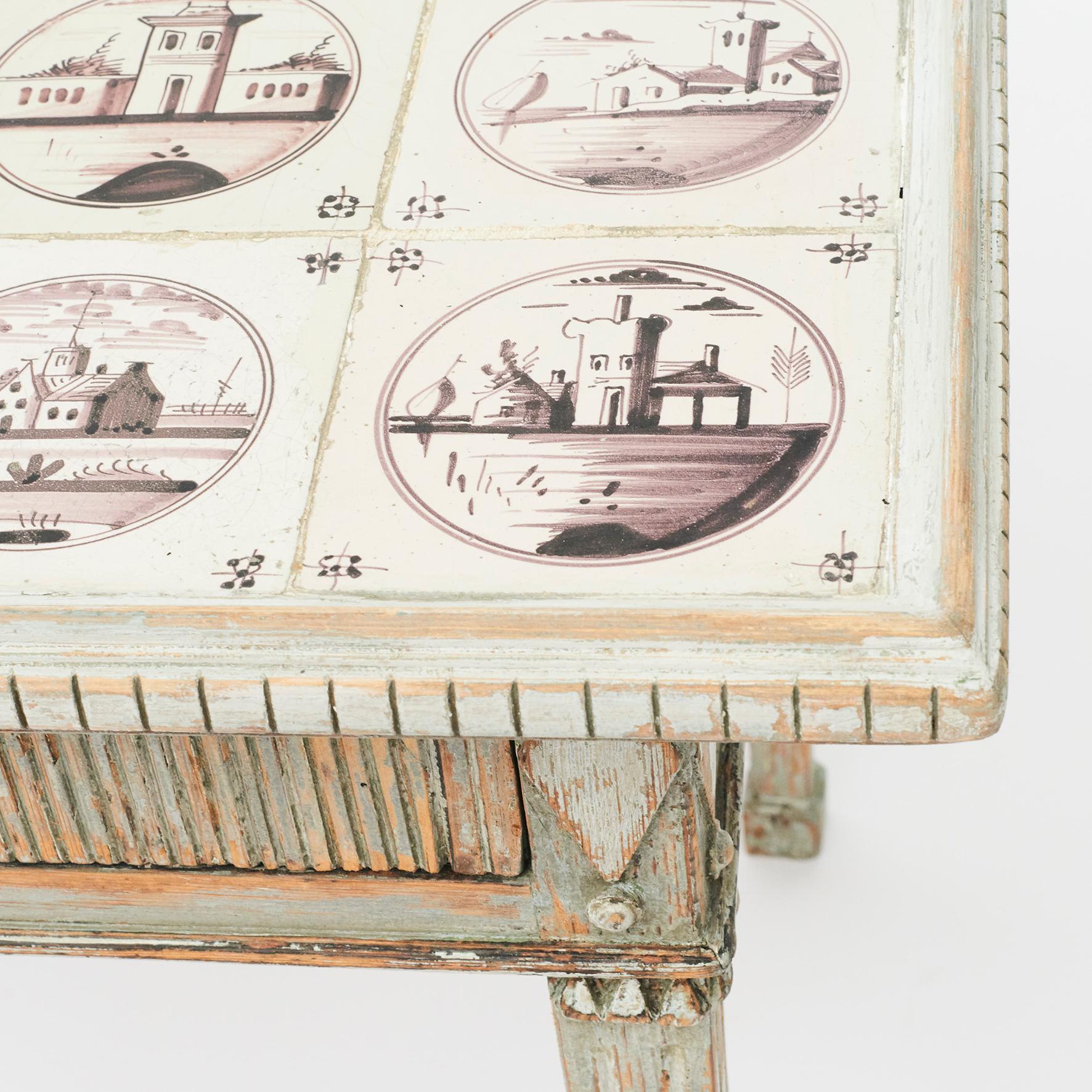 Late 18th Century Danish Louis XVI Table with Dutch Decorated Tiles 2