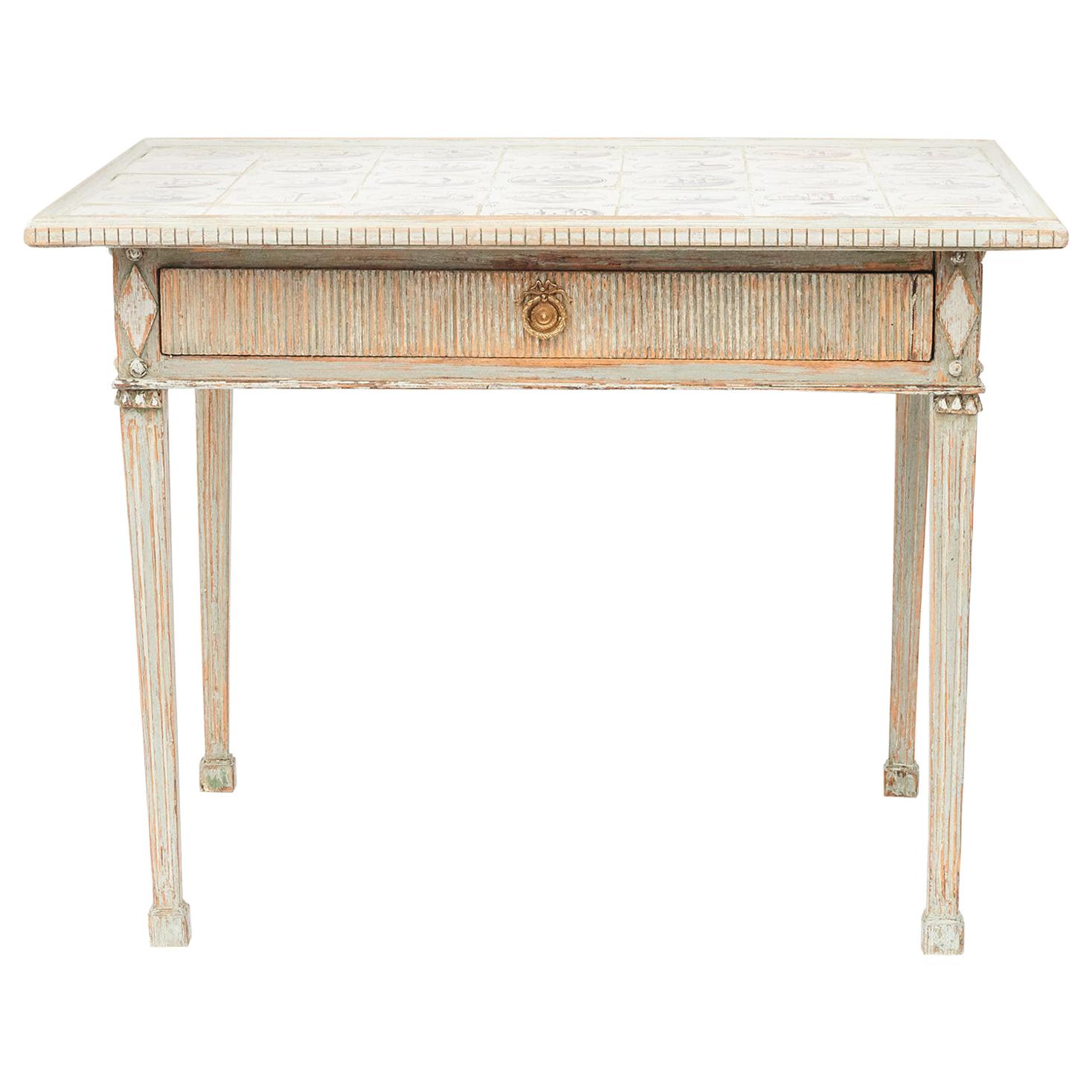 Late 18th Century Danish Louis XVI Table with Dutch Decorated Tiles
