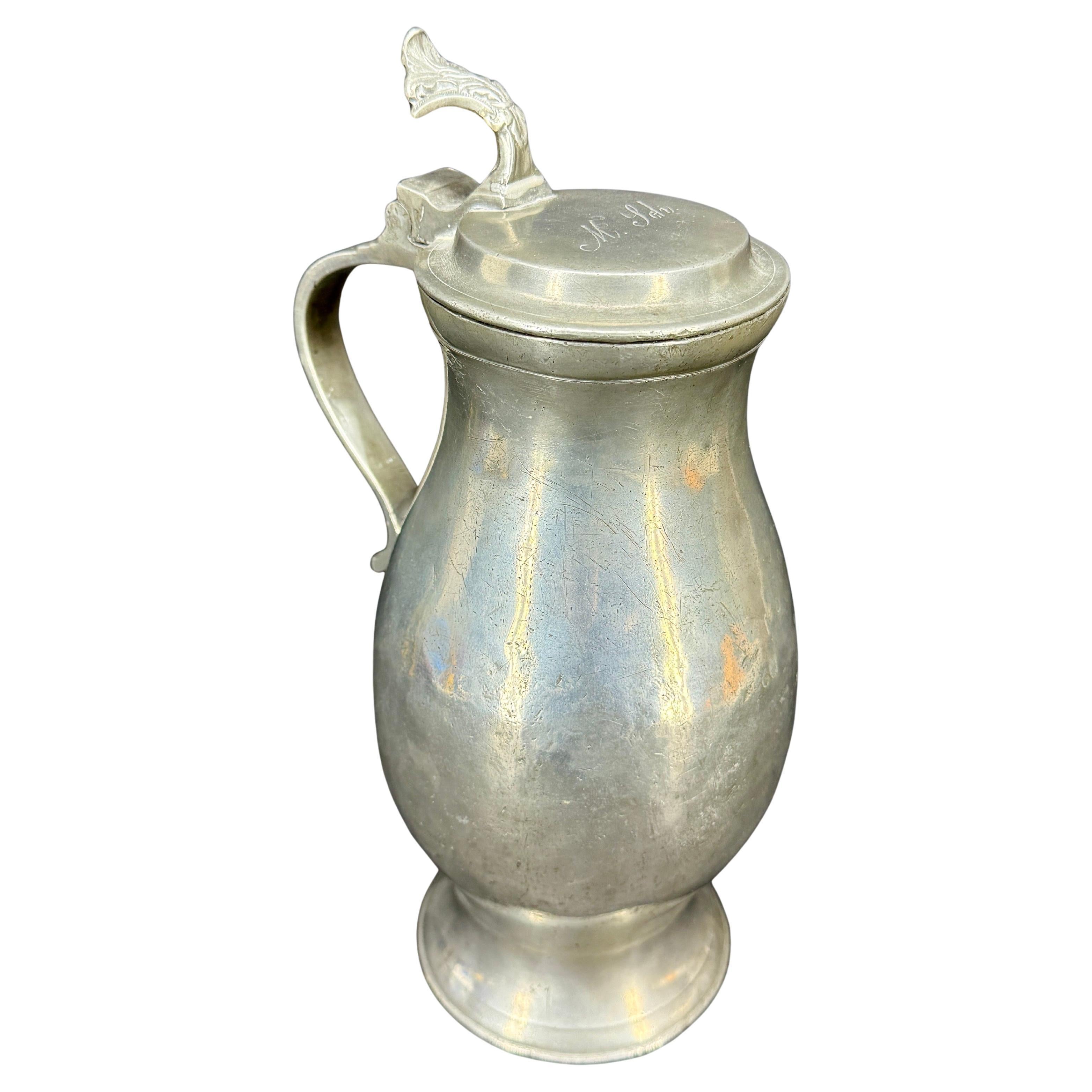 Late 18th Century Danish Pewter Tankard Jug with Lid For Sale