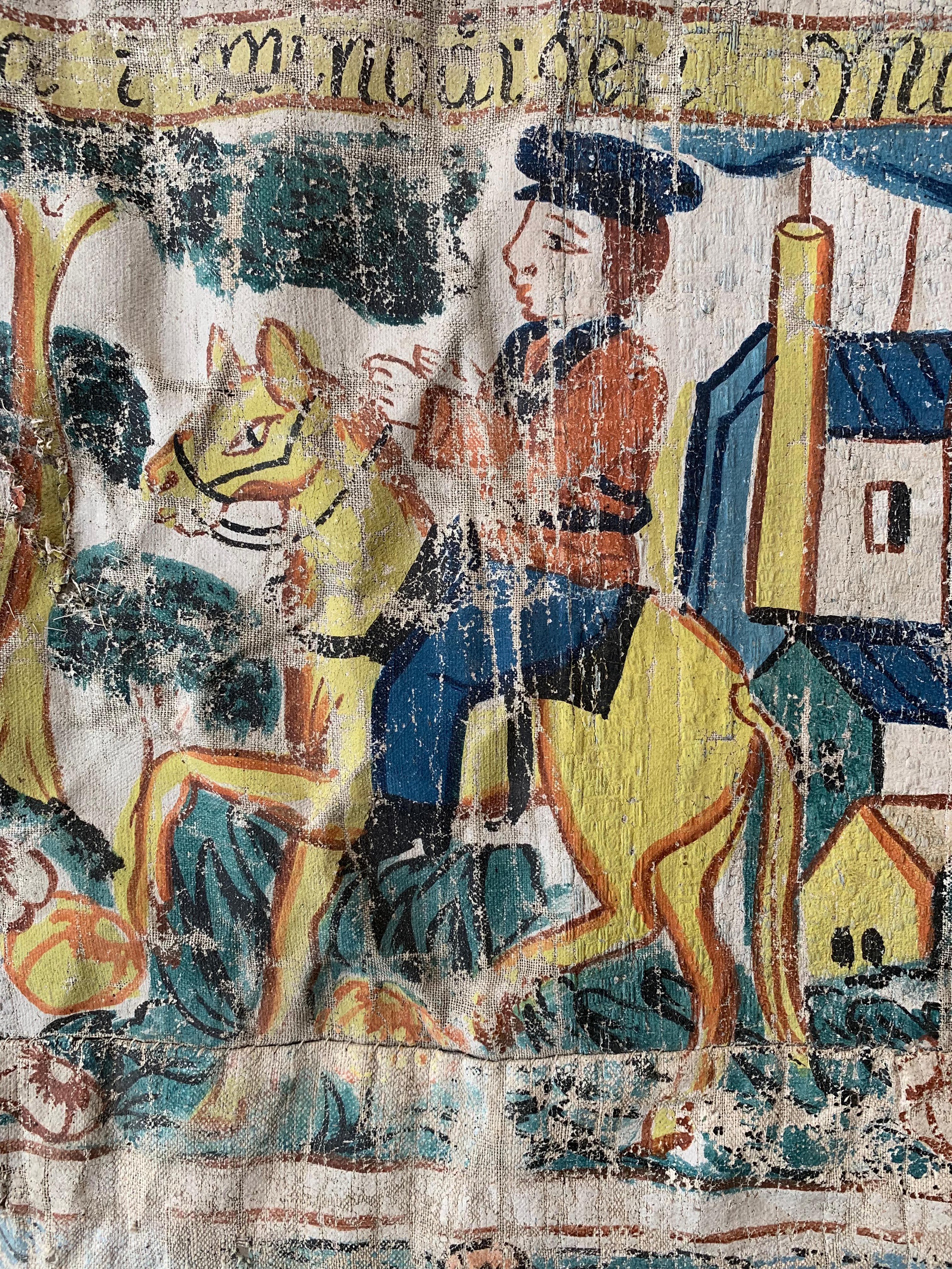 Grande tenture murale décorative d'art populaire suédois - Bonad - qui pourrait provenir d'une église.
Peinte sur toile avec des pigments naturels, elle représente des thèmes bibliques naïfs, traditionnels de ces tentures folkloriques, qui étaient