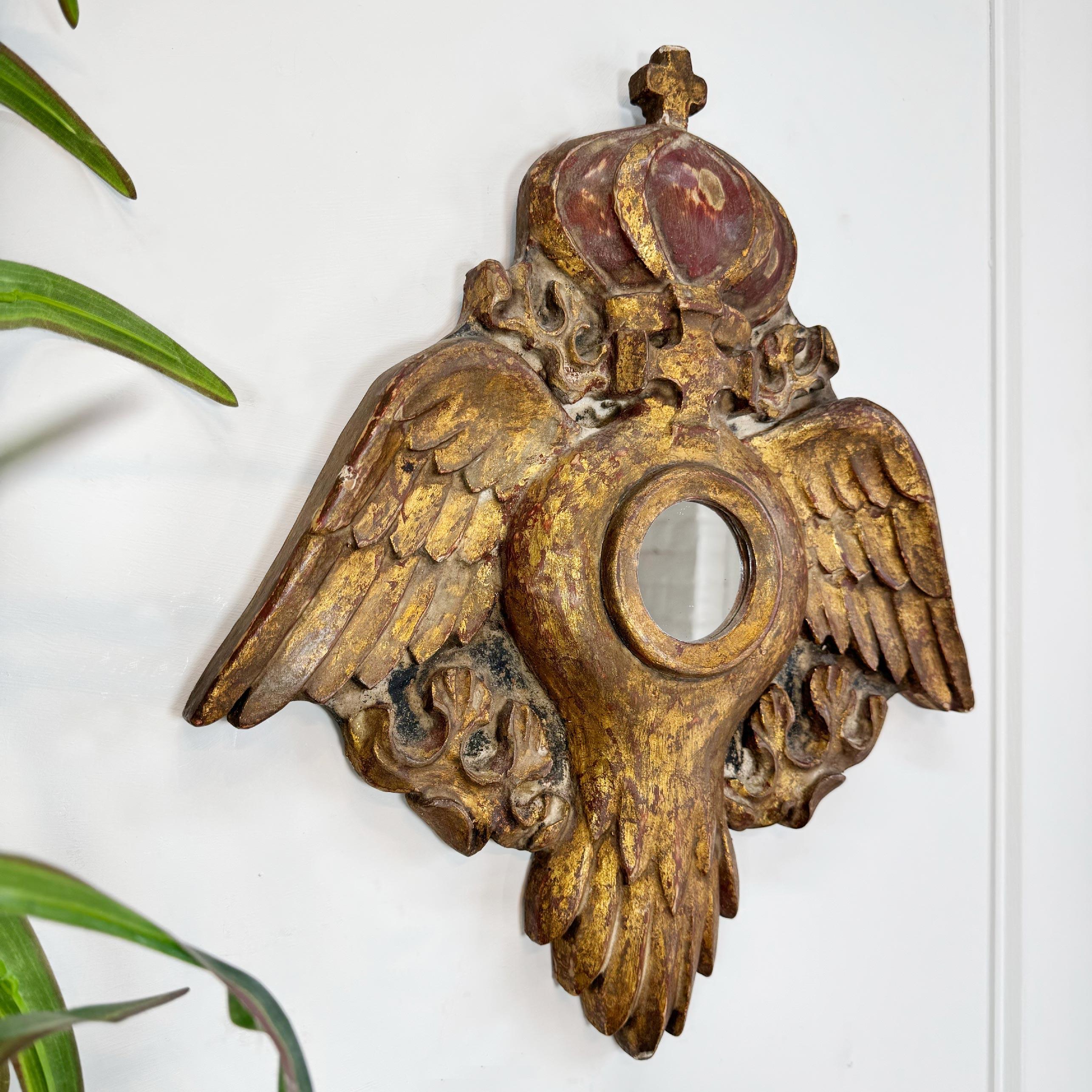 French Late 18th Century Decorative Giltwood Church Mirror with Wings and Crown