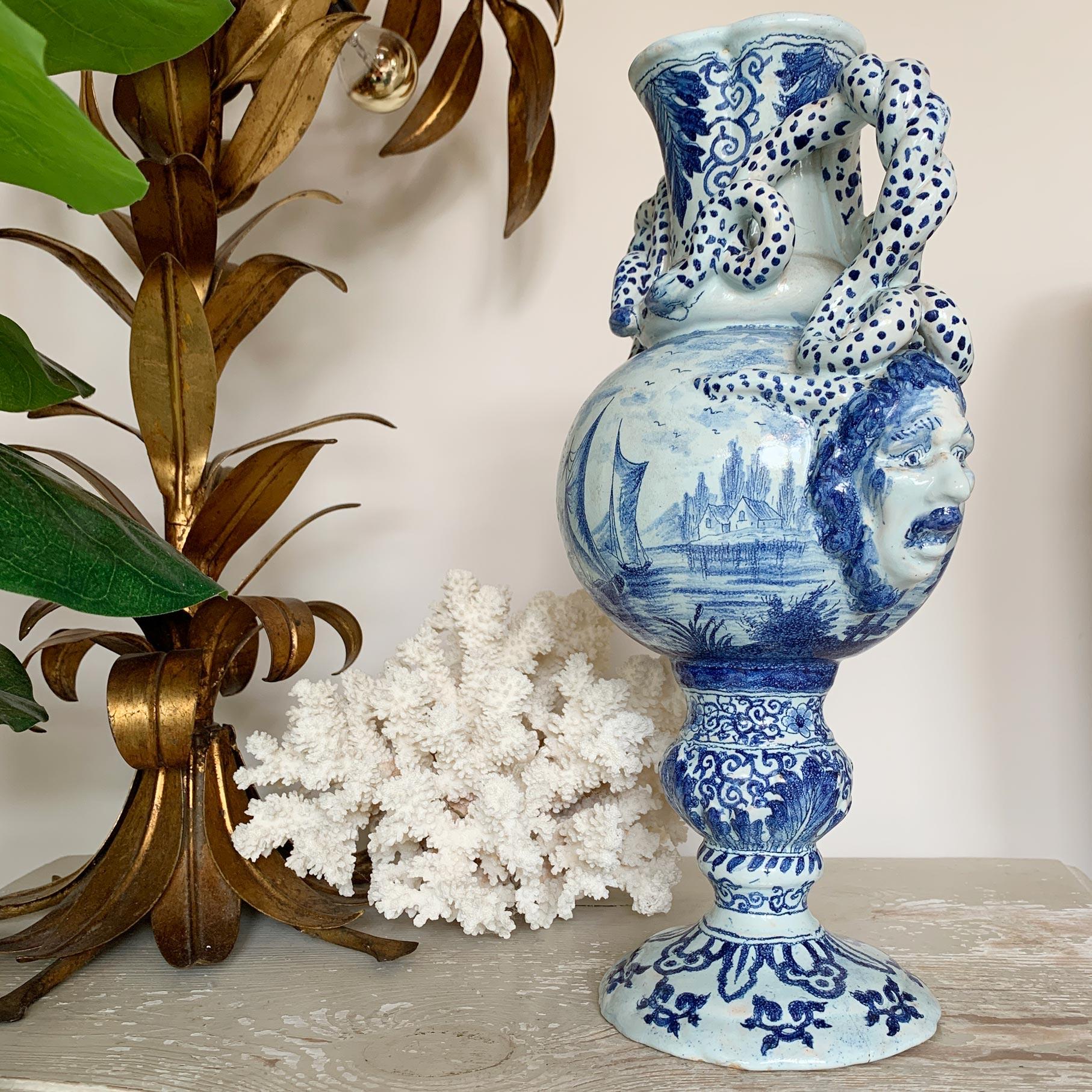  Late 18th C Delft Style Bacchus Serpent Handled Vase Blue & White For Sale 3