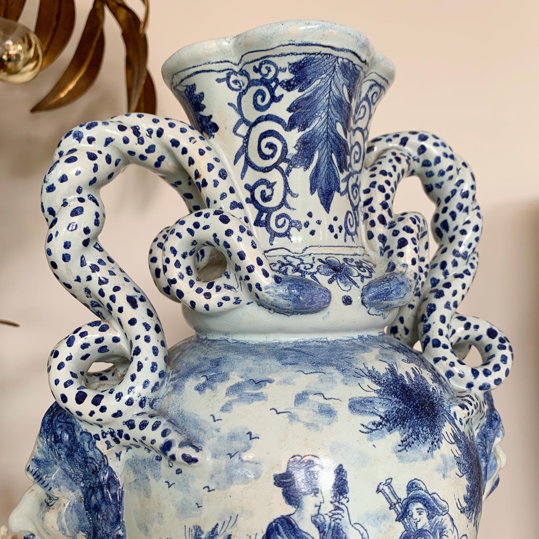  Late 18th C Delft Style Bacchus Serpent Handled Vase Blue & White For Sale 4