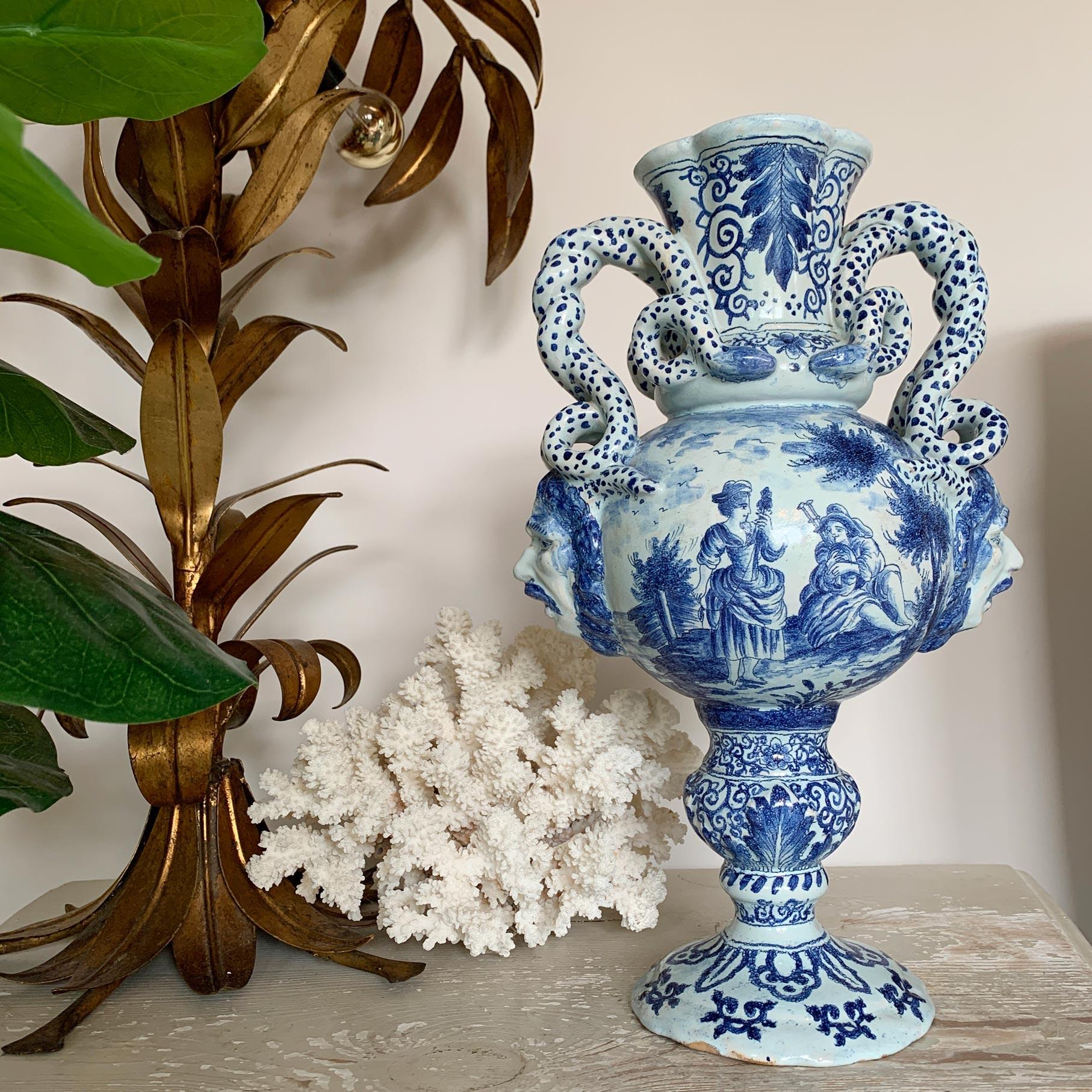  Late 18th C Delft Style Bacchus Serpent Handled Vase Blue & White For Sale 6