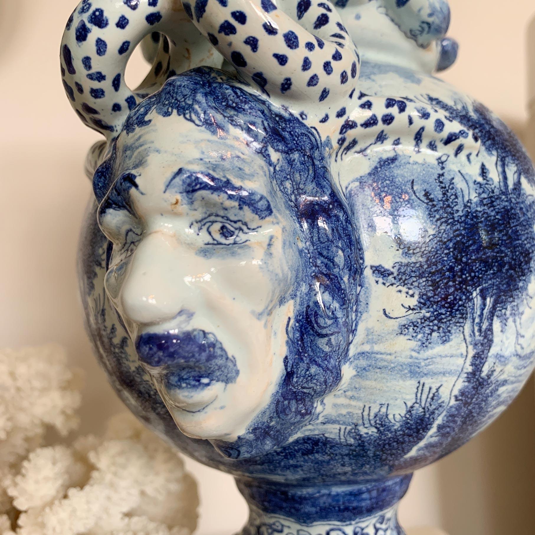  Late 18th C Delft Style Bacchus Serpent Handled Vase Blue & White For Sale 7