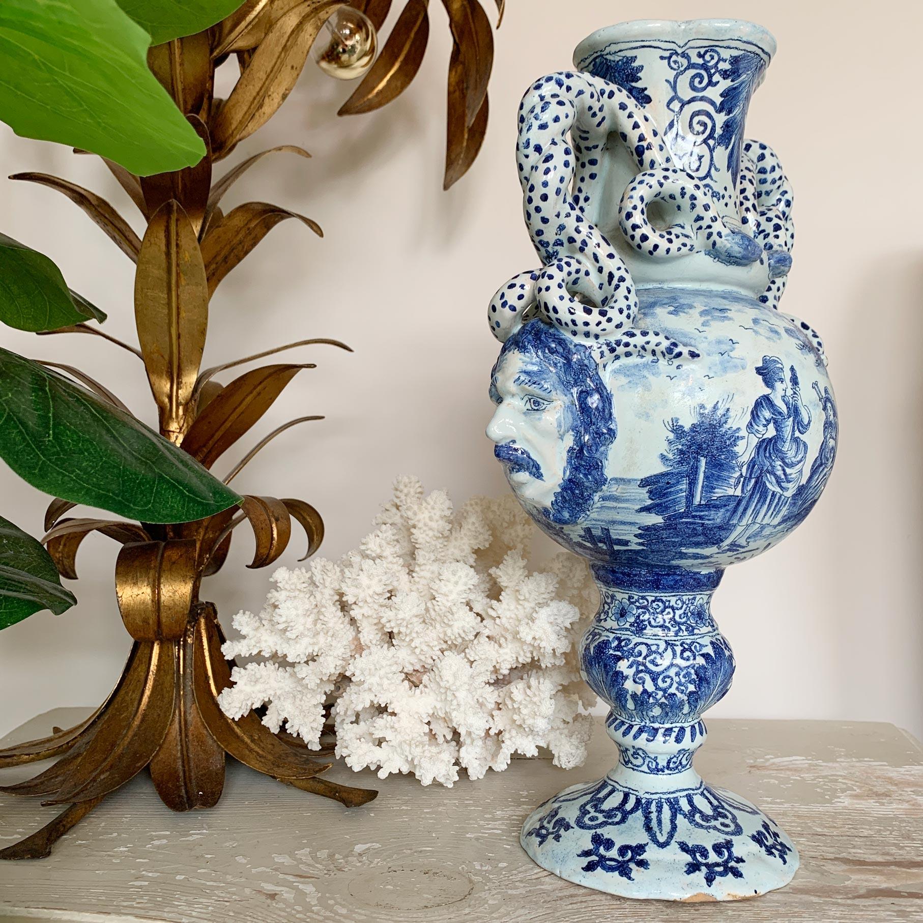  Late 18th C Delft Style Bacchus Serpent Handled Vase Blue & White For Sale 8