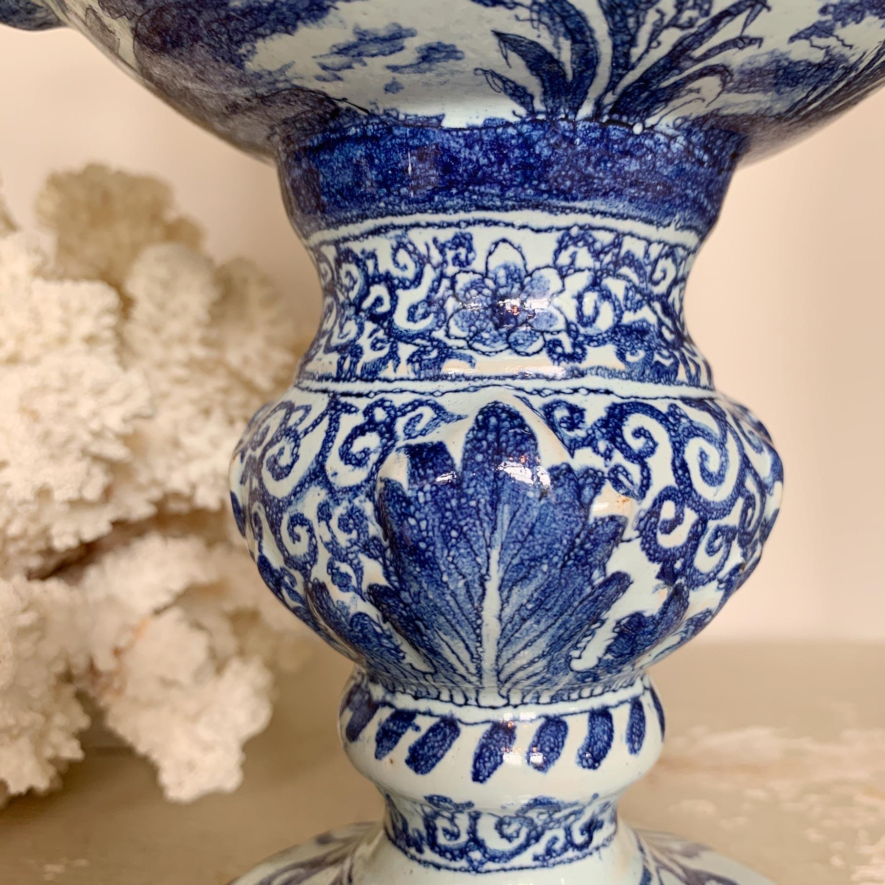  Late 18th C Delft Style Bacchus Serpent Handled Vase Blue & White For Sale 9