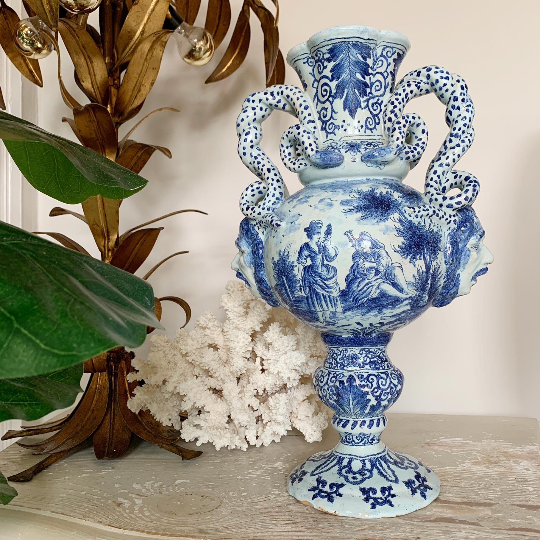 Classical Roman  Late 18th C Delft Style Bacchus Serpent Handled Vase Blue & White For Sale