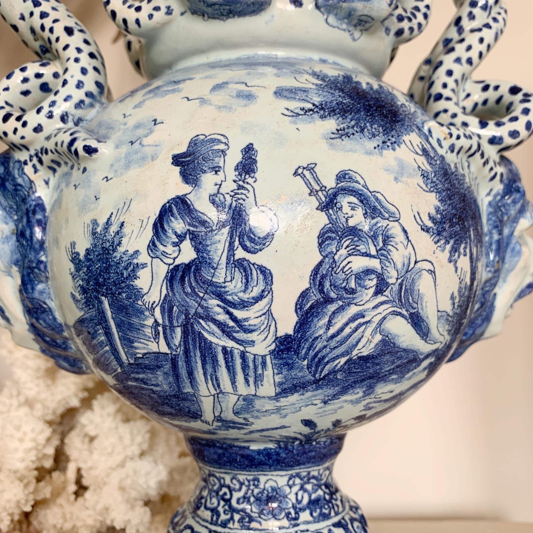 Hand-Crafted  Late 18th C Delft Style Bacchus Serpent Handled Vase Blue & White For Sale