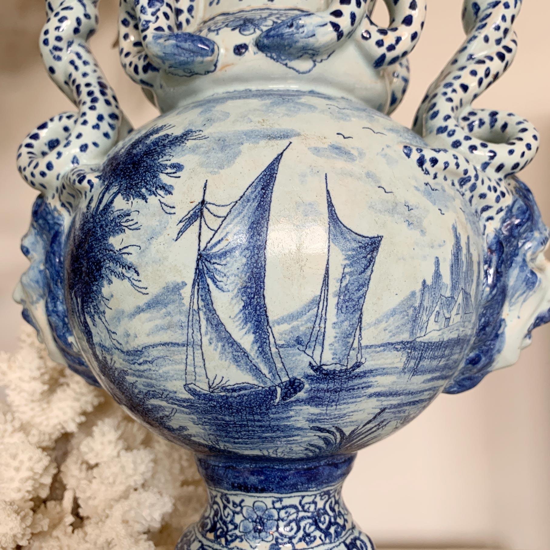  Late 18th C Delft Style Bacchus Serpent Handled Vase Blue & White In Good Condition For Sale In Hastings, GB