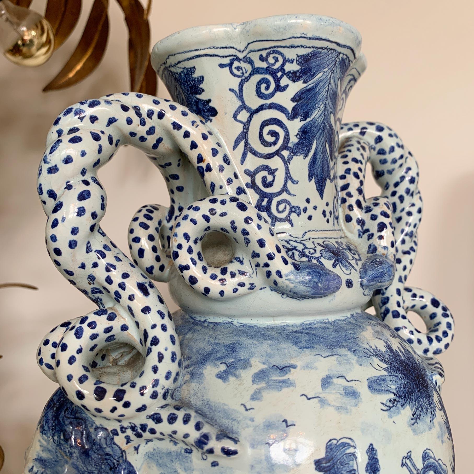 18th Century  Late 18th C Delft Style Bacchus Serpent Handled Vase Blue & White For Sale