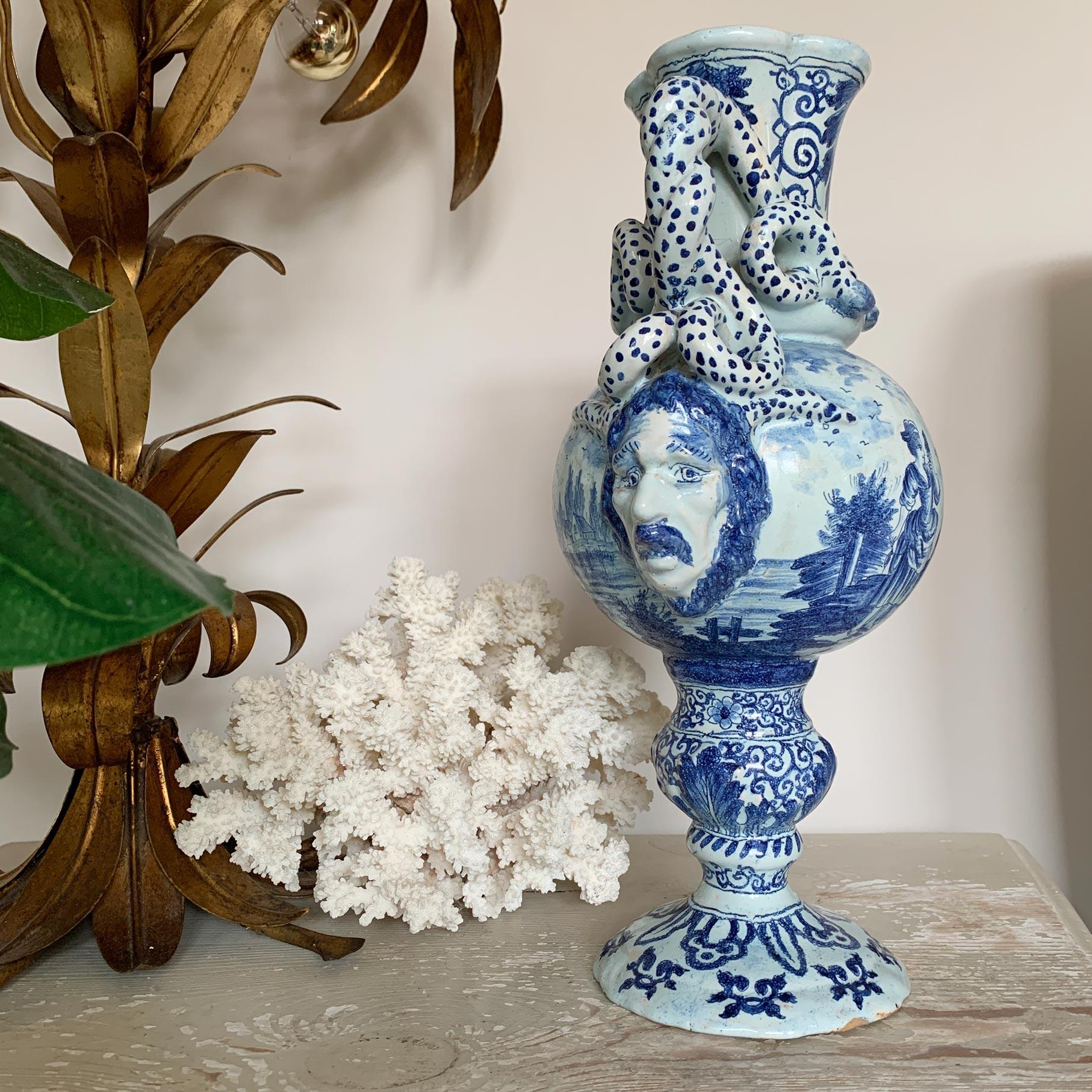 Ceramic  Late 18th C Delft Style Bacchus Serpent Handled Vase Blue & White For Sale