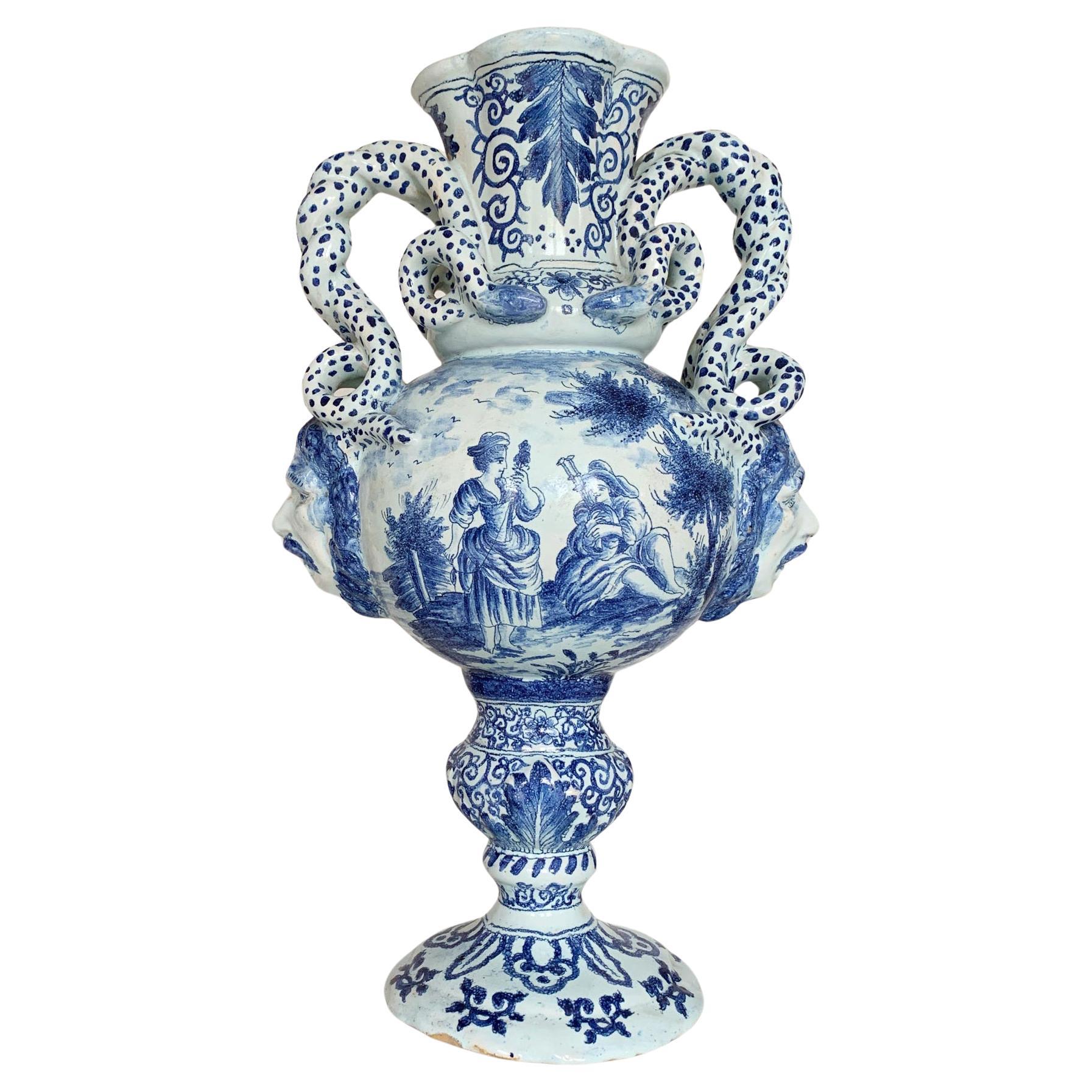  Late 18th C Delft Style Bacchus Serpent Handled Vase Blue & White For Sale