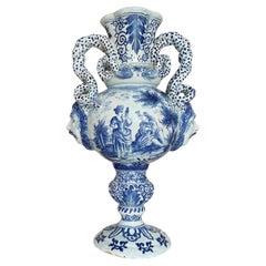 Antique  Late 18th C Delft Style Bacchus Serpent Handled Vase Blue & White