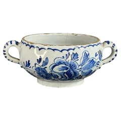 Late 18th Century, Delft Two-Handled Bowl – Floral Blue & White Tin-Glaze