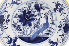 Late 18th Century Dutch Delft Peacock Motif Blue & White Plate