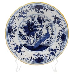 Late 18th Century Dutch Delft Peacock Motif Blue & White Plate
