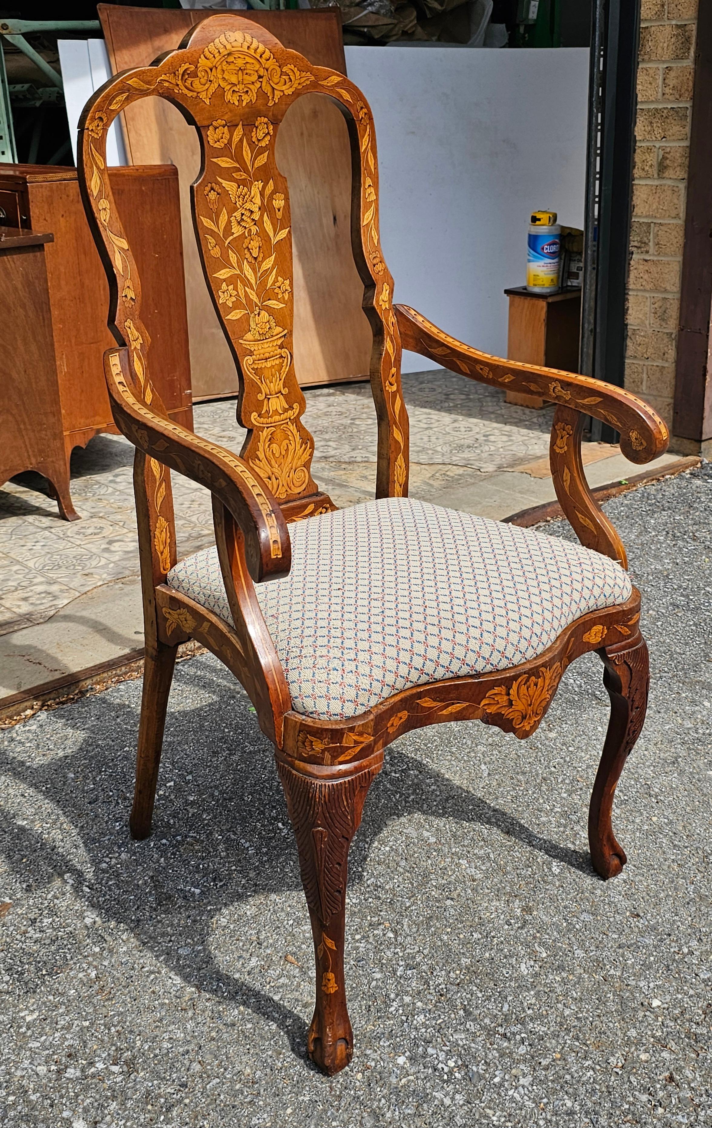 Late 18th Century Dutch Marquetry Mahogany and Upholstered Armchair Desk Chair For Sale 6