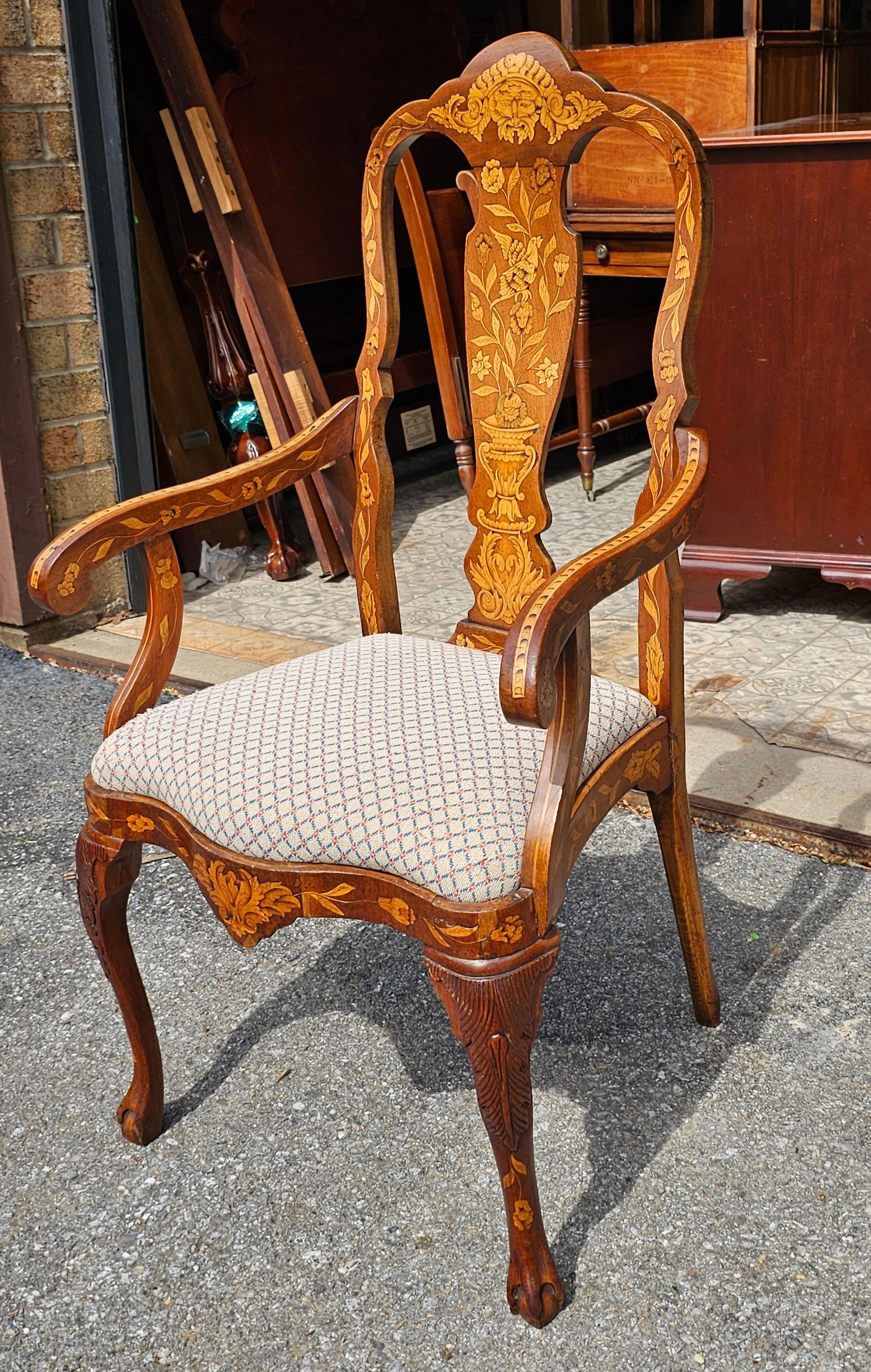 Late 18th Century Dutch Marquetry Mahogany and Upholstered Armchair Desk Chair
Measures 25.5