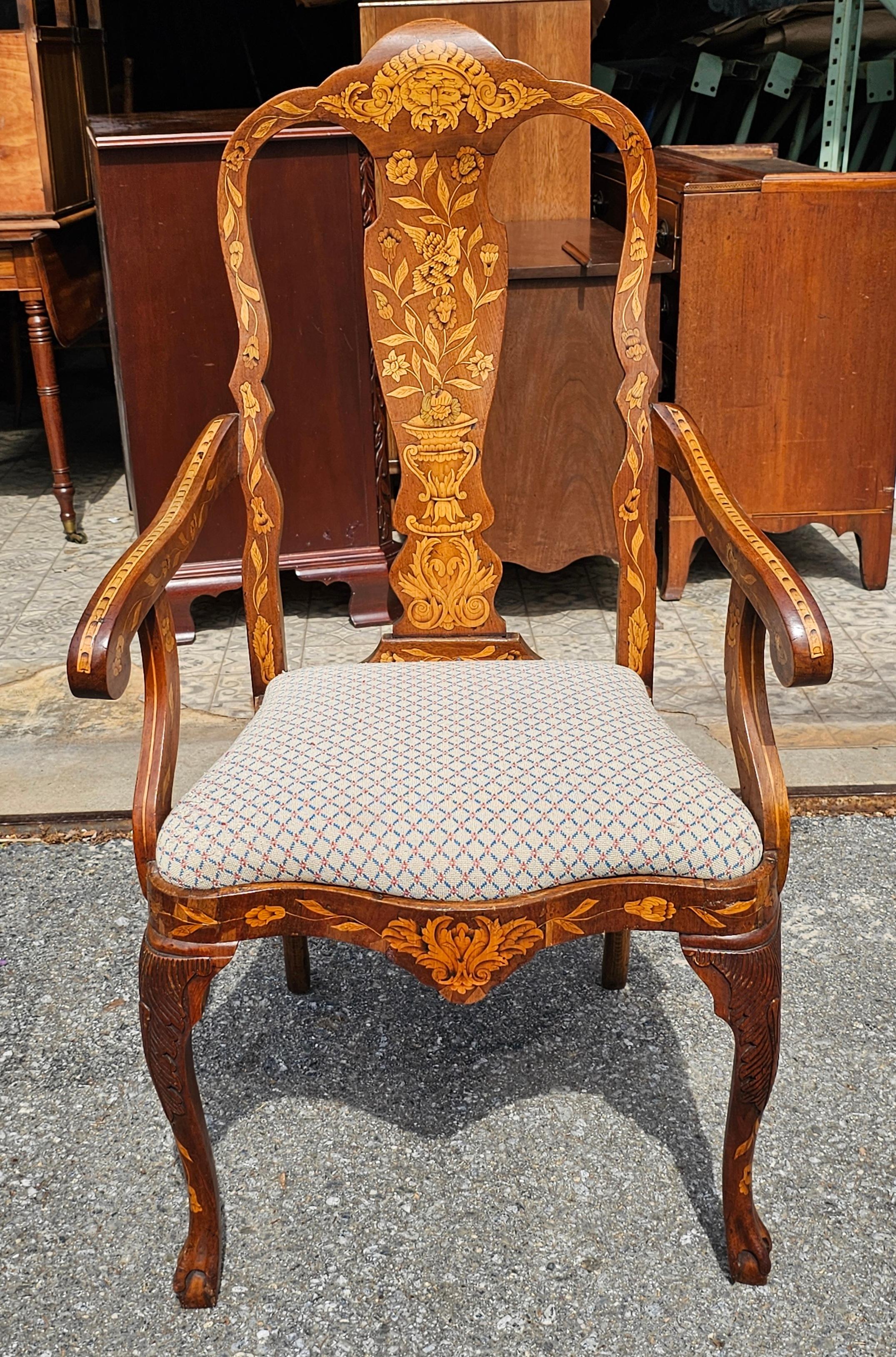 Federal Late 18th Century Dutch Marquetry Mahogany and Upholstered Armchair Desk Chair For Sale