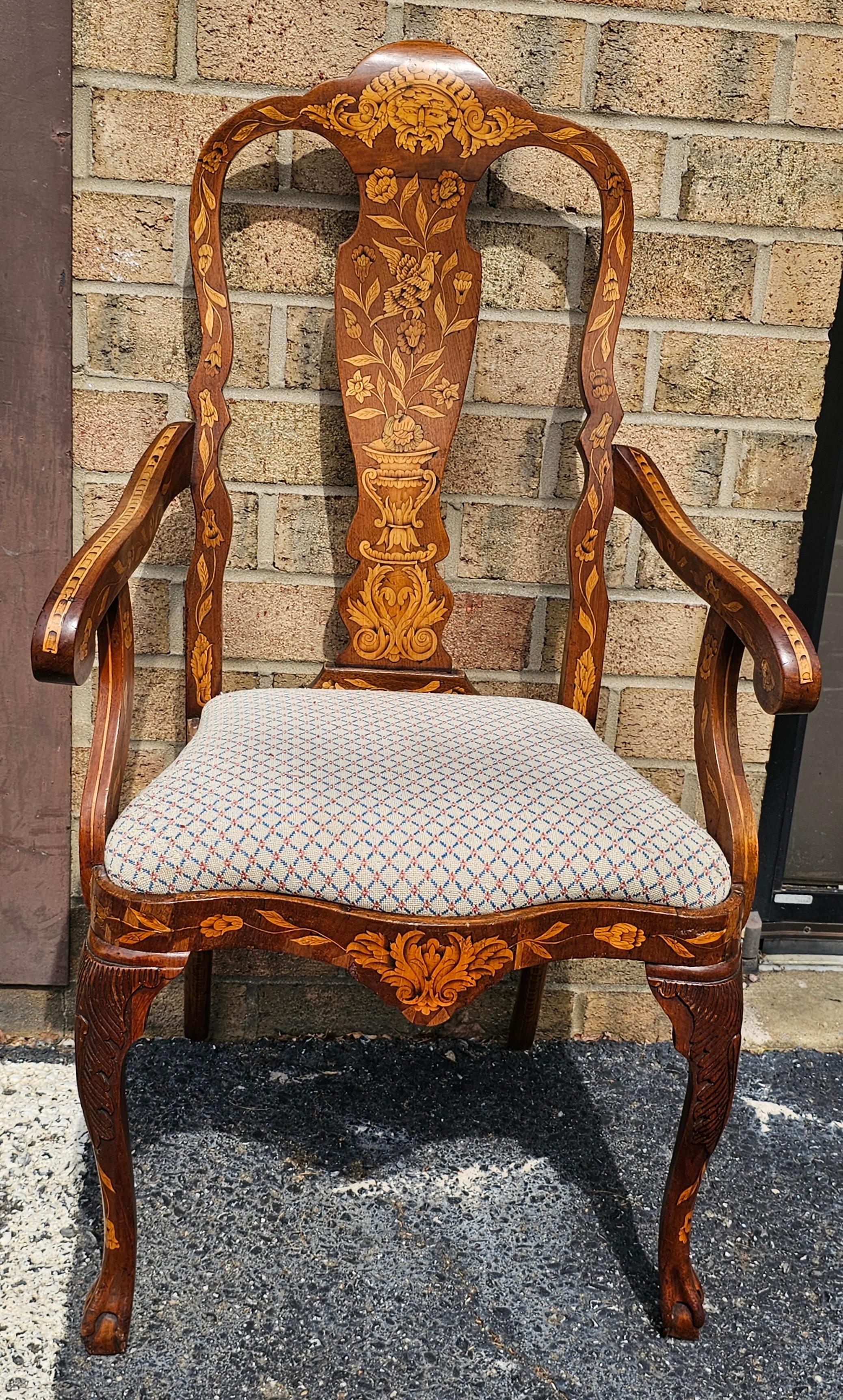 Late 18th Century Dutch Marquetry Mahogany and Upholstered Armchair Desk Chair For Sale 1