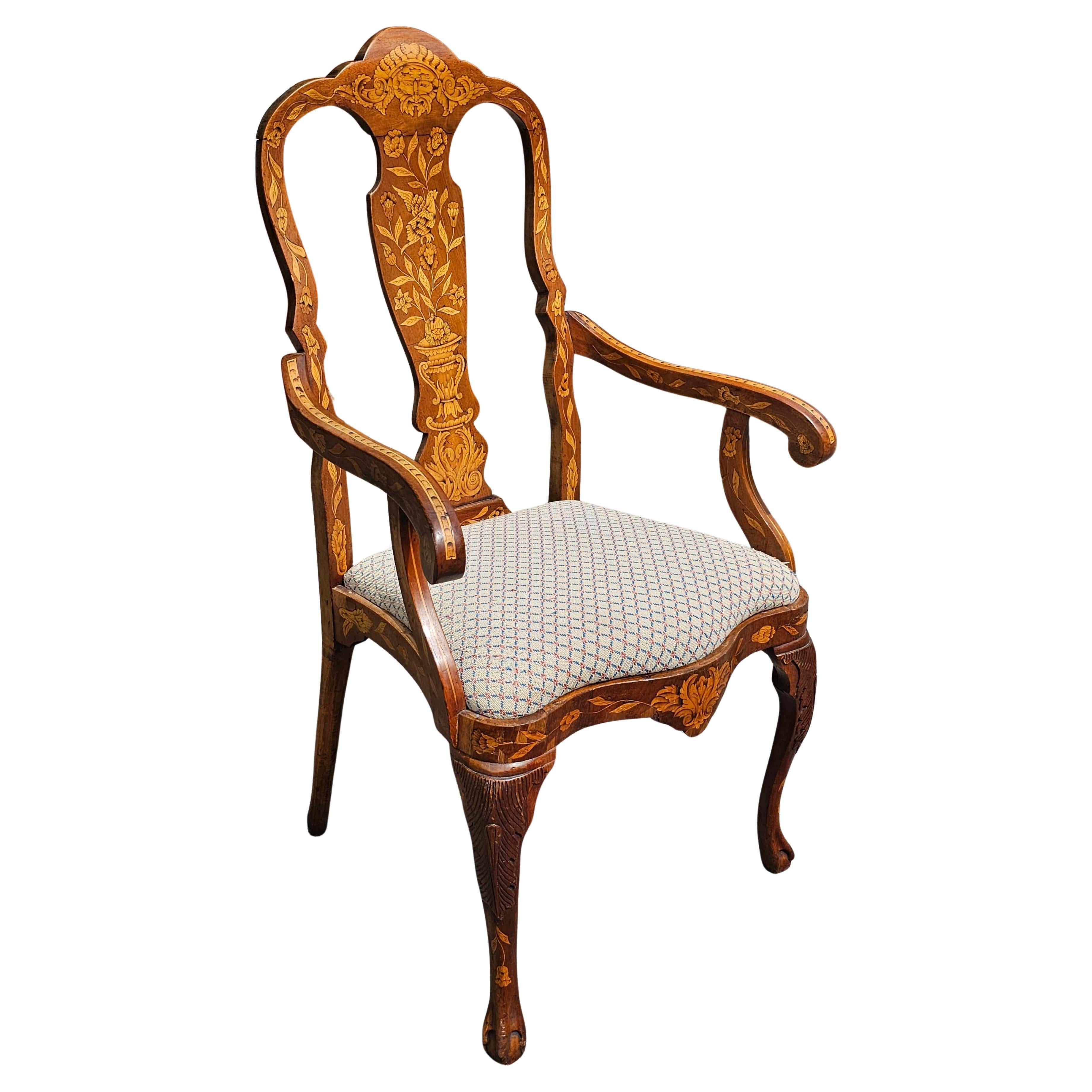 Late 18th Century Dutch Marquetry Mahogany and Upholstered Armchair Desk Chair