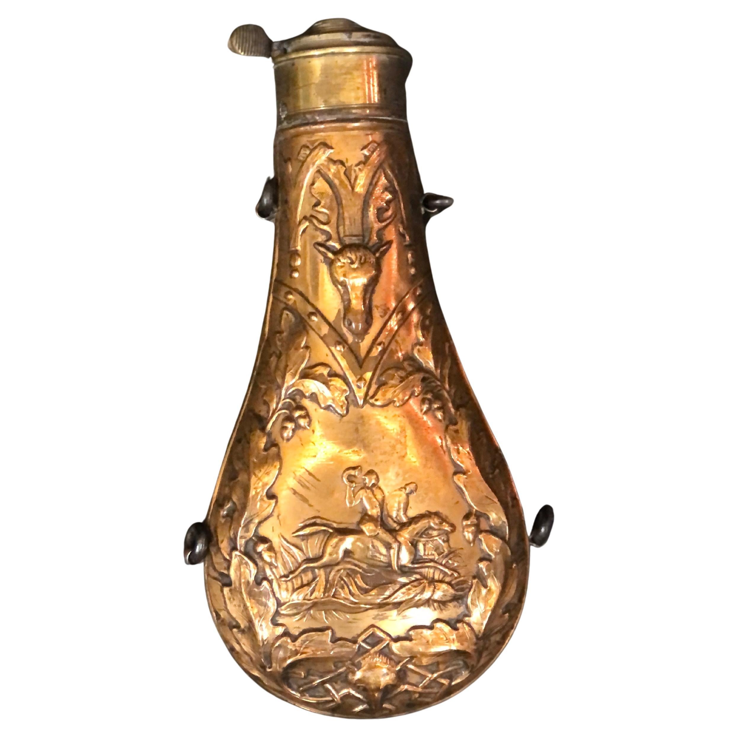 Late 18th Century Embossed Brass Powder Flask Hunting Scene Design For Sale