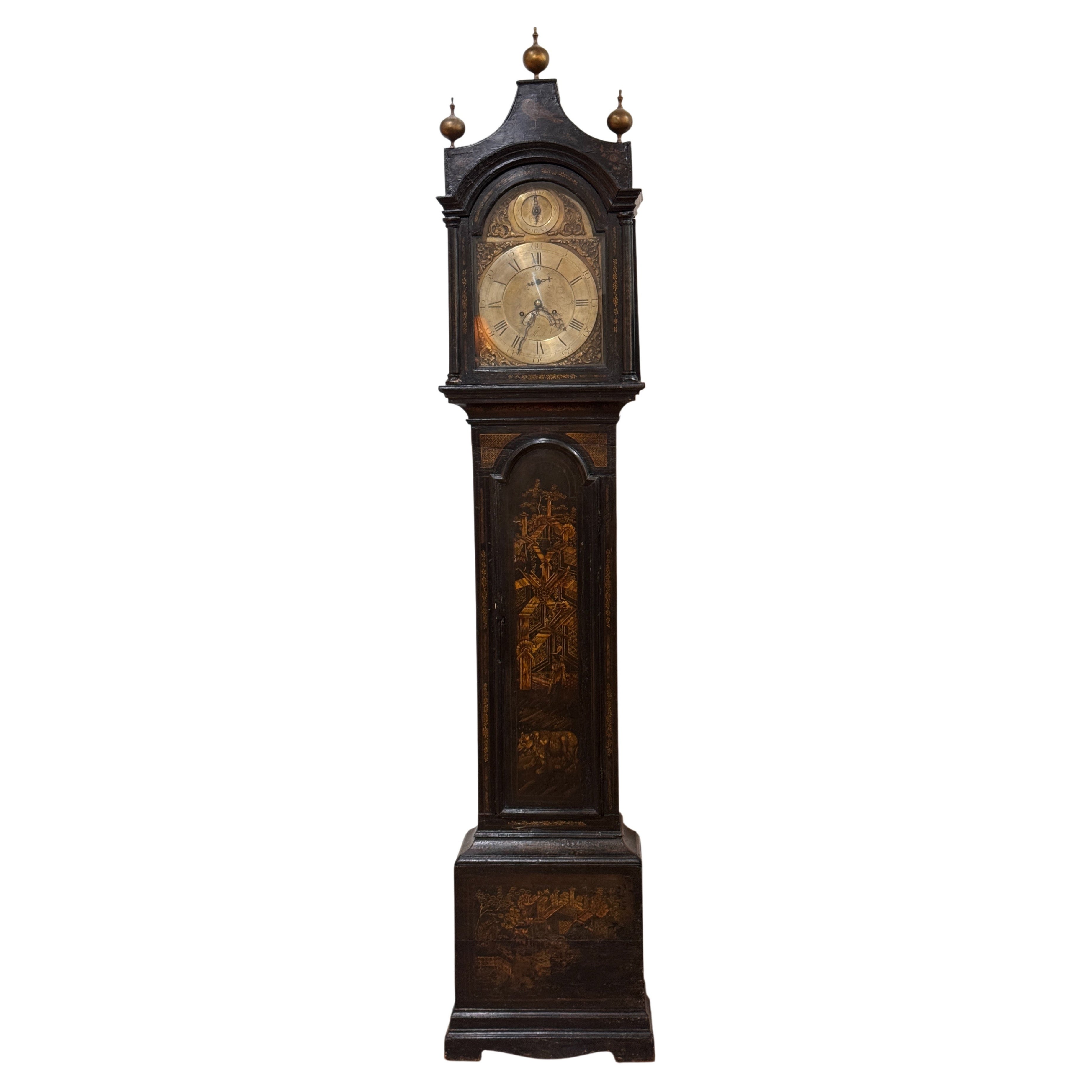 Late 18th Century English Black Japanned Tall Case Clock