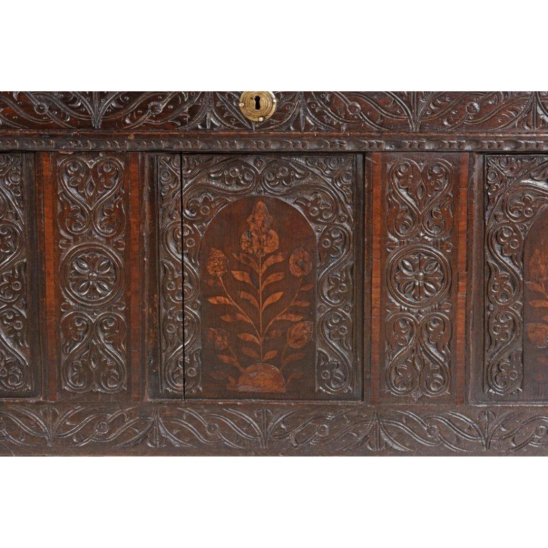 Brass Late 18th Century English Carved Oak Blanket Chest For Sale