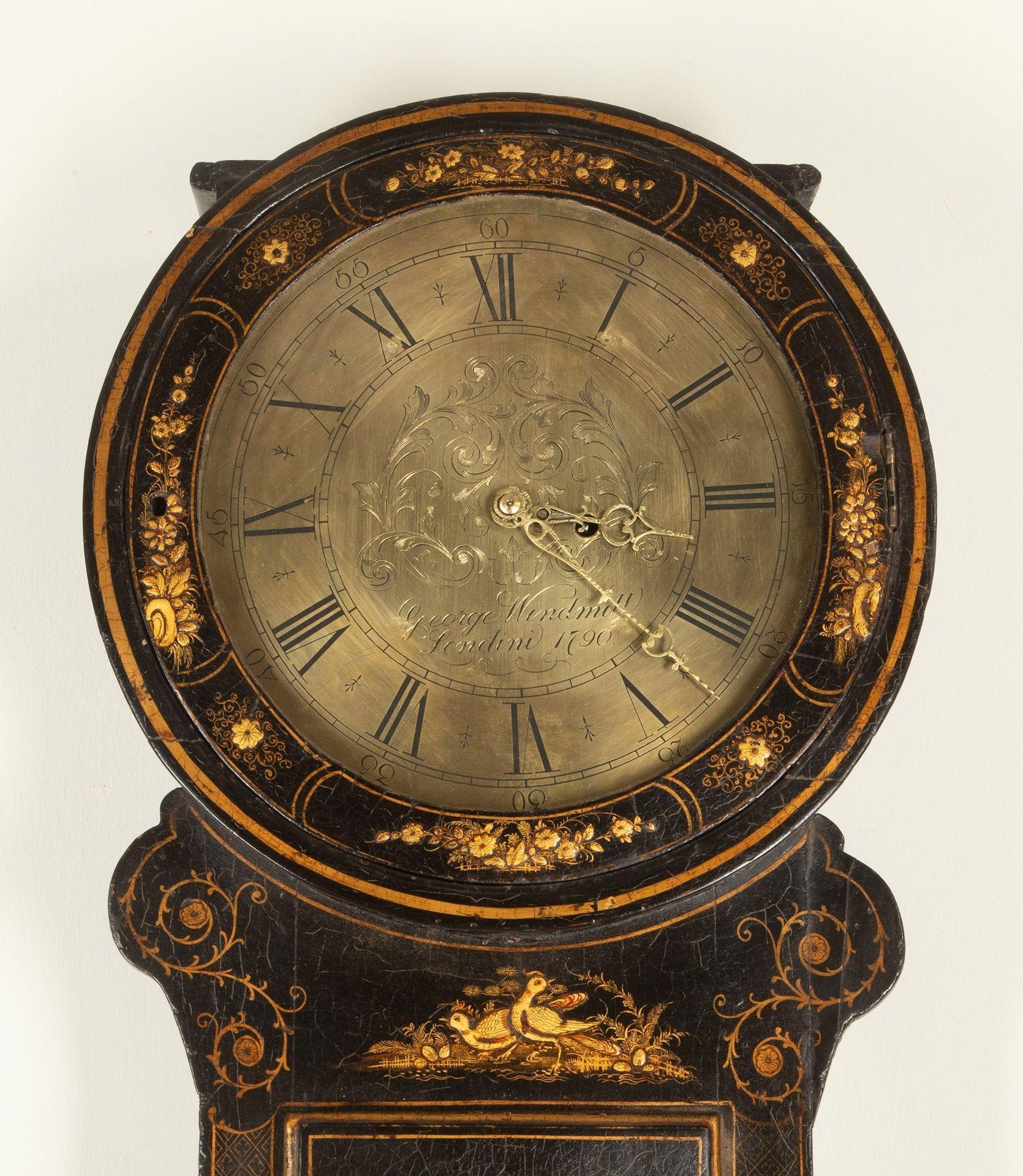 Beautiful late 18th Century English Chinoiserie wall or tavern clock.
The Chinoiserie decoration on this clock case is of excellent quality and the scale is impressive too.
A good brass dial movement signed 'George Windmill', London, 1790. Unsure if
