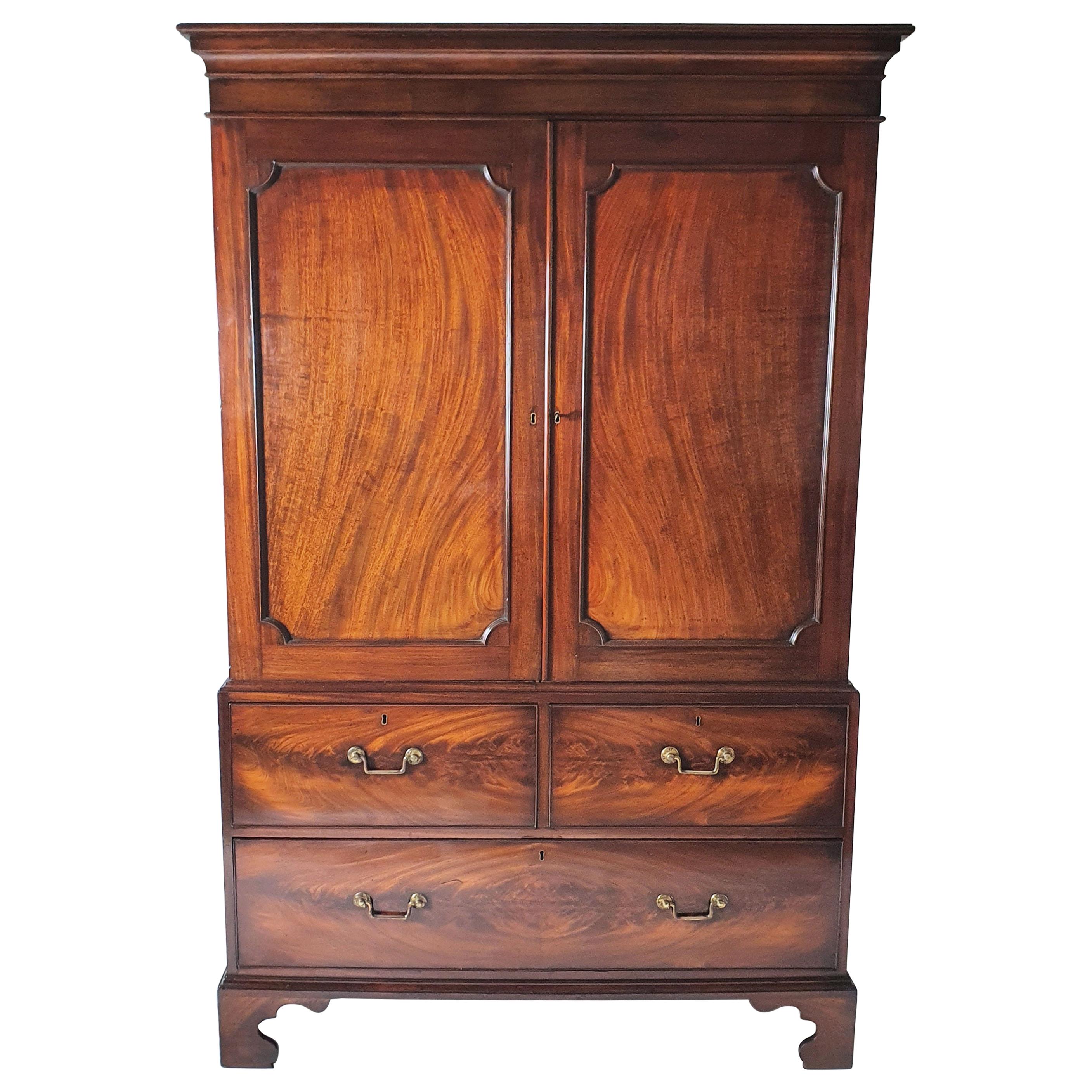Late 18th Century English Flame Mahogany Linen Press For Sale