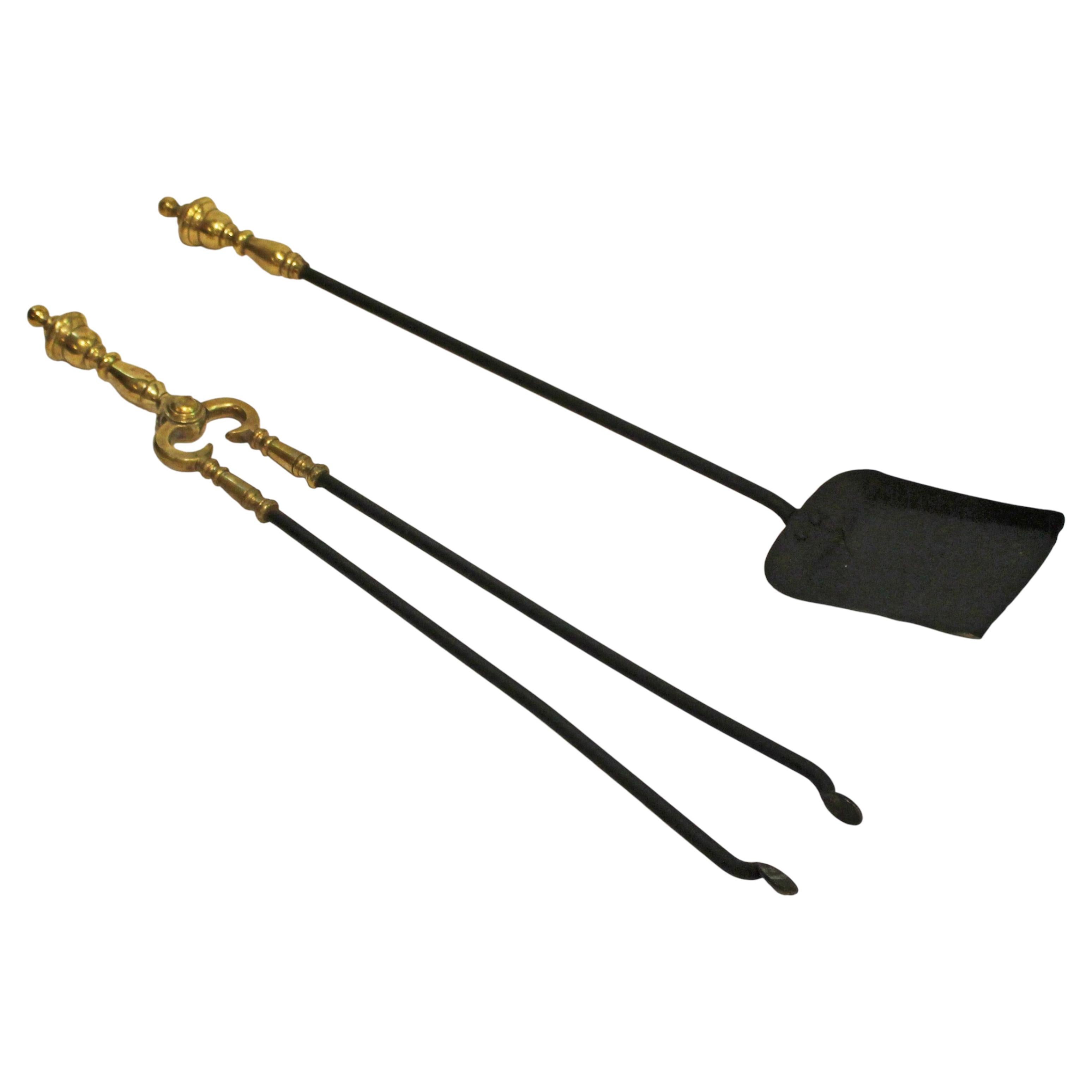 Late 18th Century English Georgian Brass & Iron Fireplace Tools