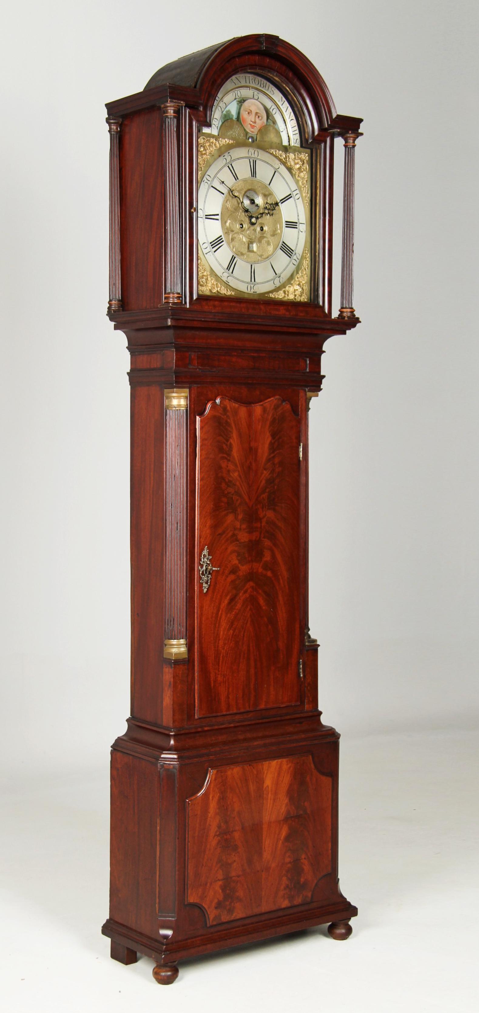Late 18th Century English Grandfather Clock with Moonphases

England (Manchester)
Mahogany
second half of 18th century

Dimensions: H x W x D: 209 x 56 x 25 cm

Description:
Remarkable English grandfather clock with a clear, calm appearance and