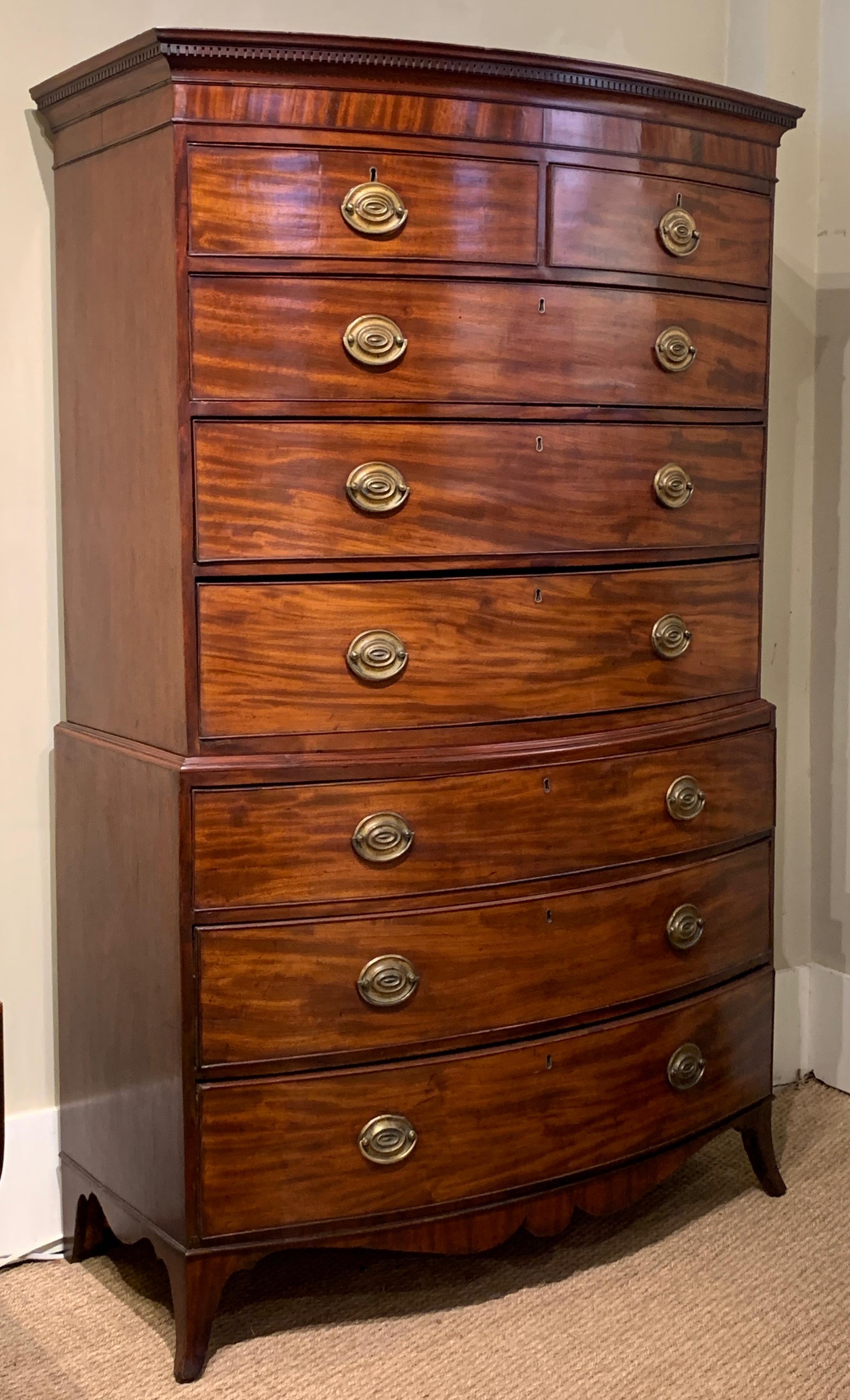 George III Late 18th Century English Mahogany Bowfront Chest on Chest