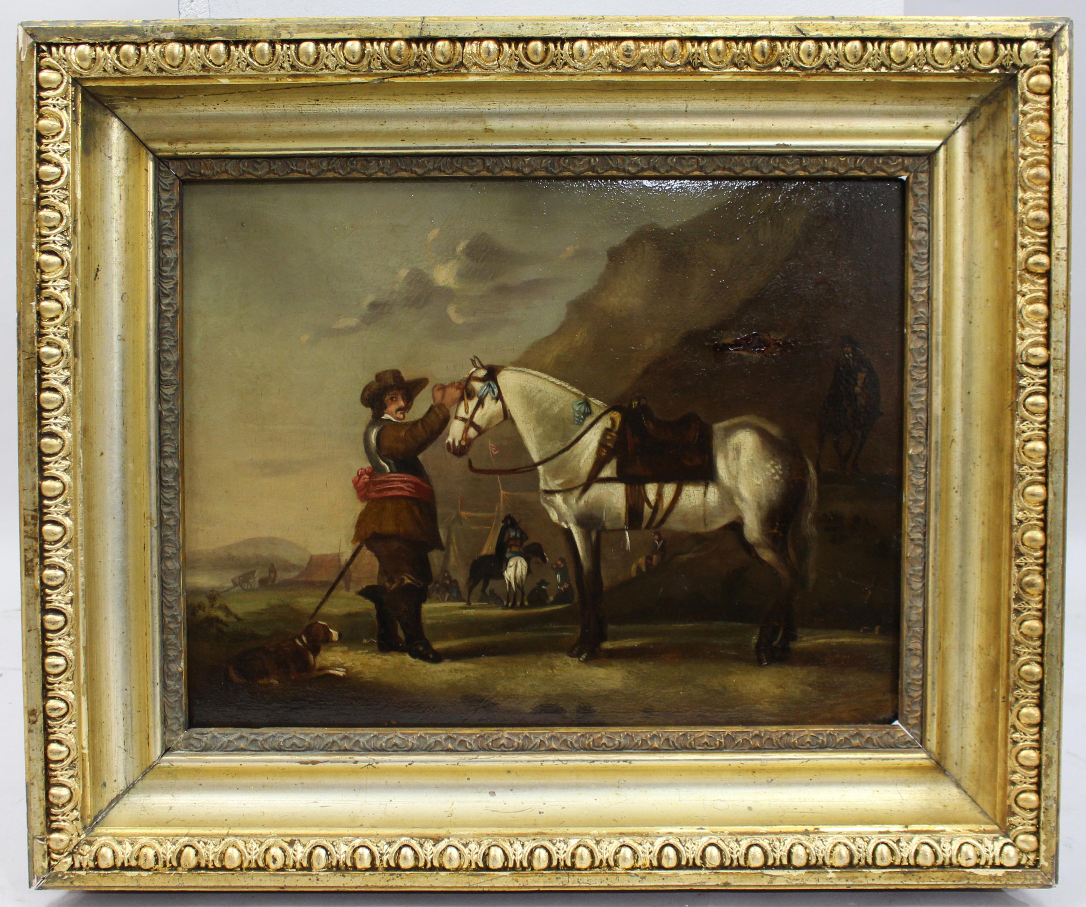 Late 18th Century English Oil Painting – Civil War Scene with Horse and Soldier

A finely composed late 18th to early 19th century English oil painting on panel, depicting a romanticised scene inspired by the English Civil War. A standing soldier,