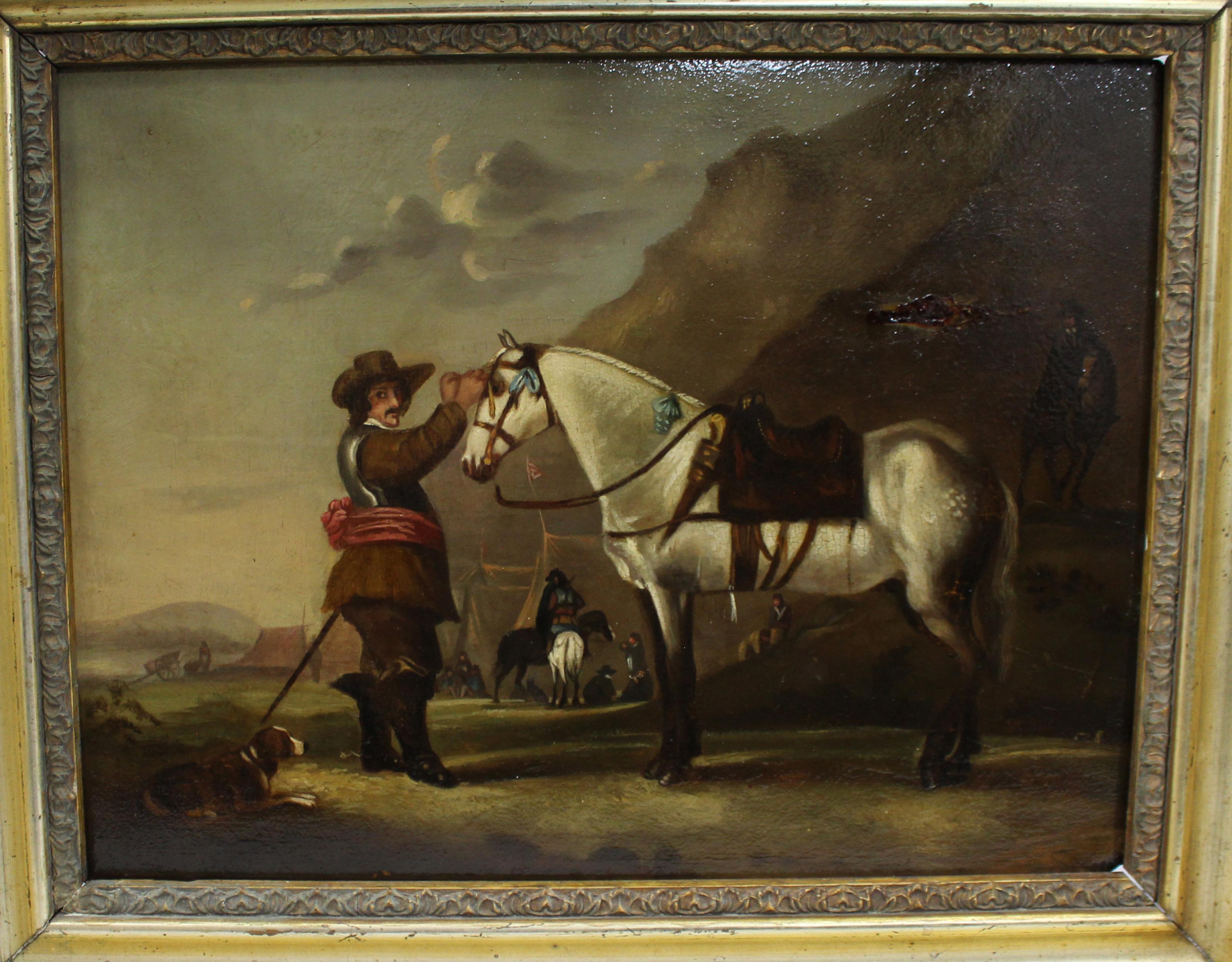 Late 18th Century English Oil Painting – Civil War Scene with Horse and Soldier Británico en venta
