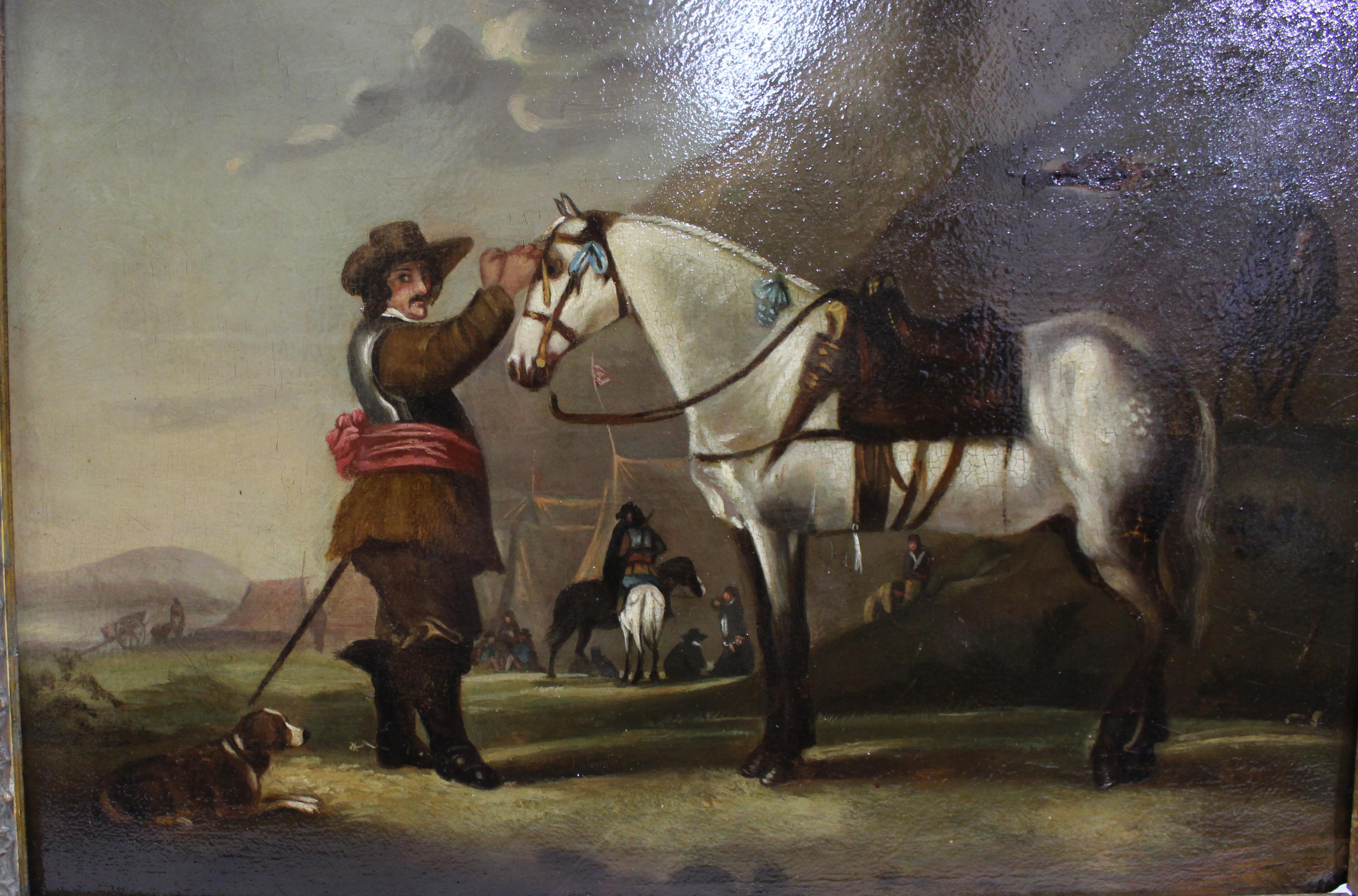 Late 18th Century English Oil Painting – Civil War Scene with Horse and Soldier en Bueno estado para la venta en Worcester, GB