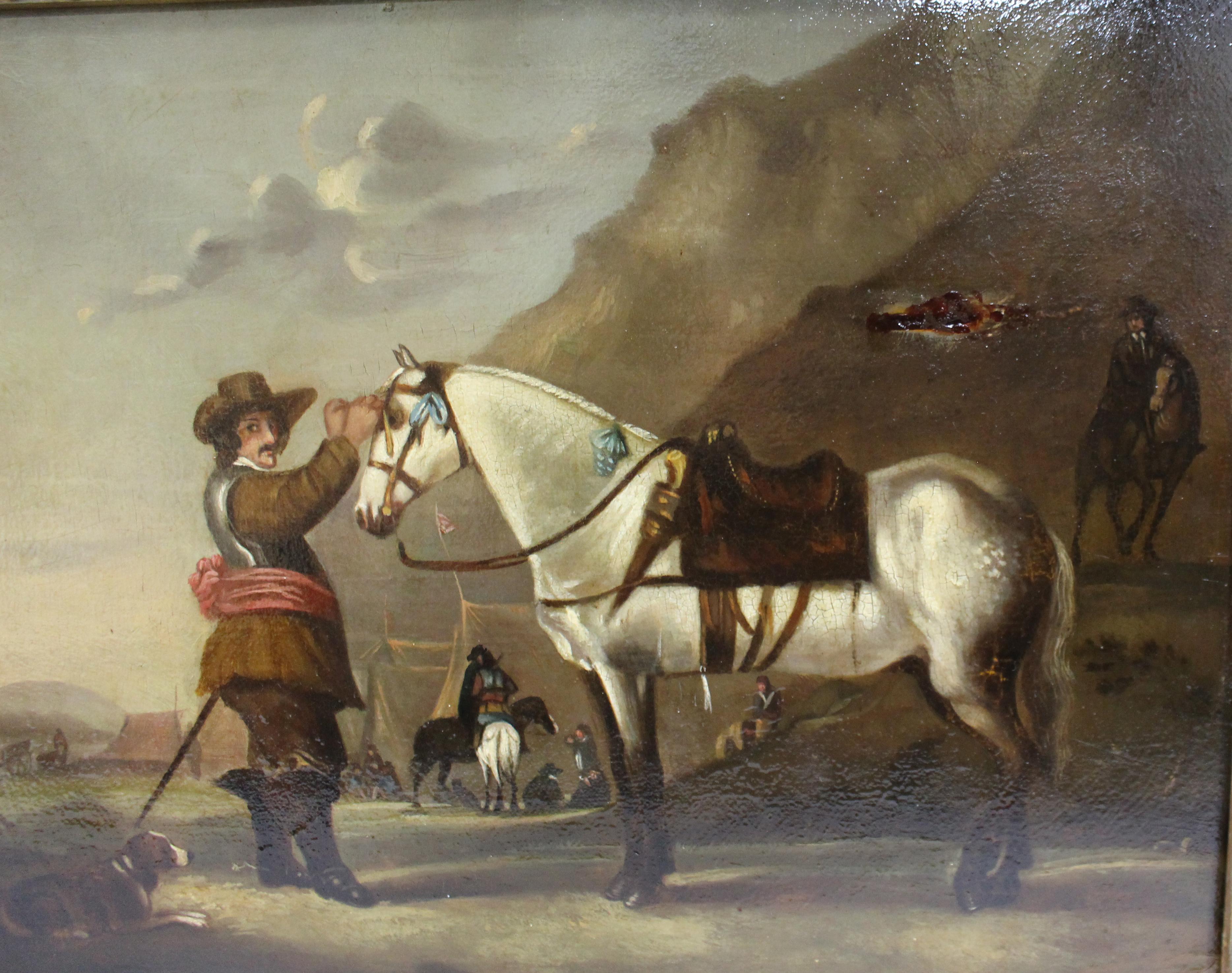 Late 18th Century English Oil Painting – Civil War Scene with Horse and Soldier siglo XVIII en venta