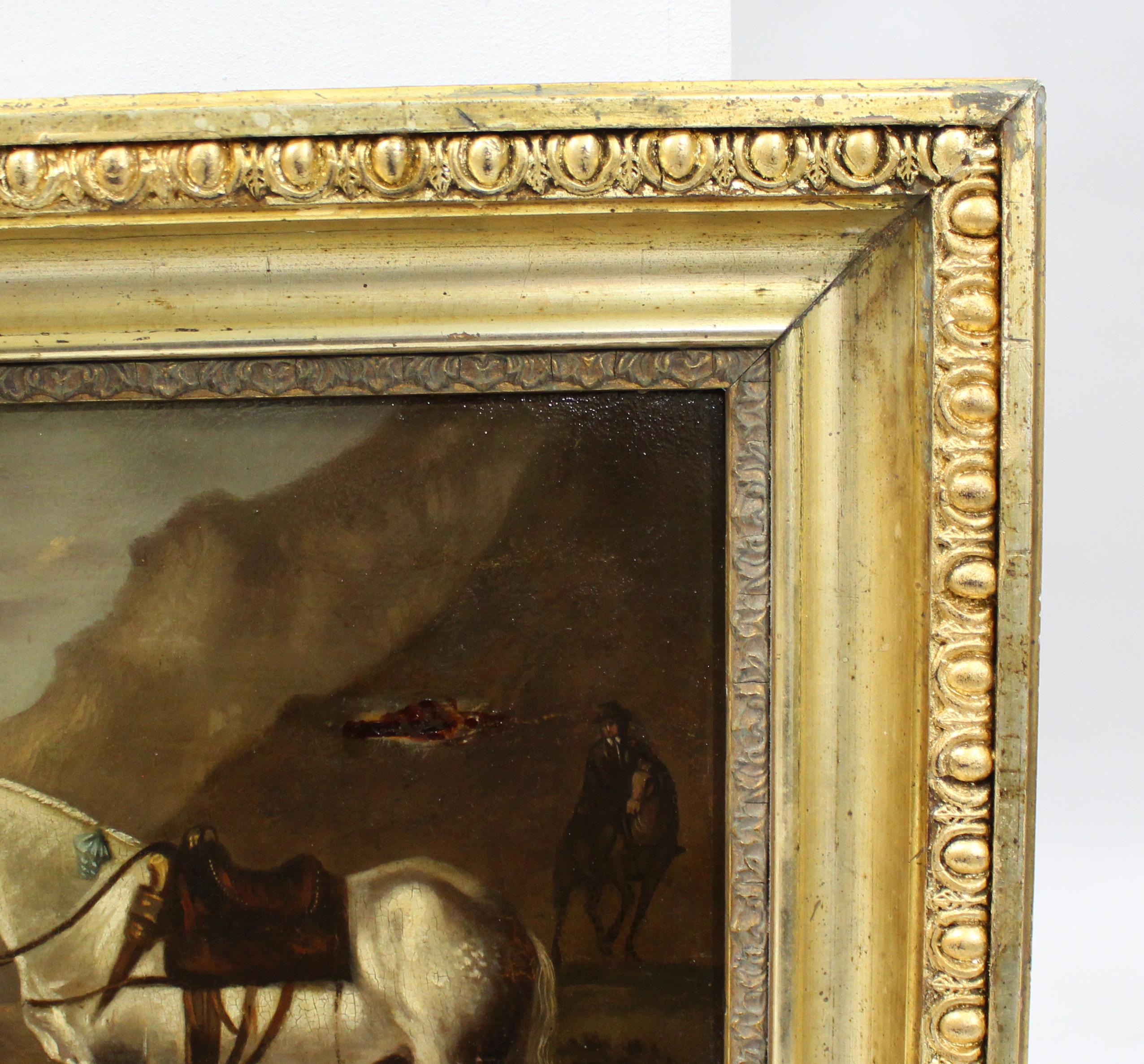 Late 18th Century English Oil Painting – Civil War Scene with Horse and Soldier Madera en venta
