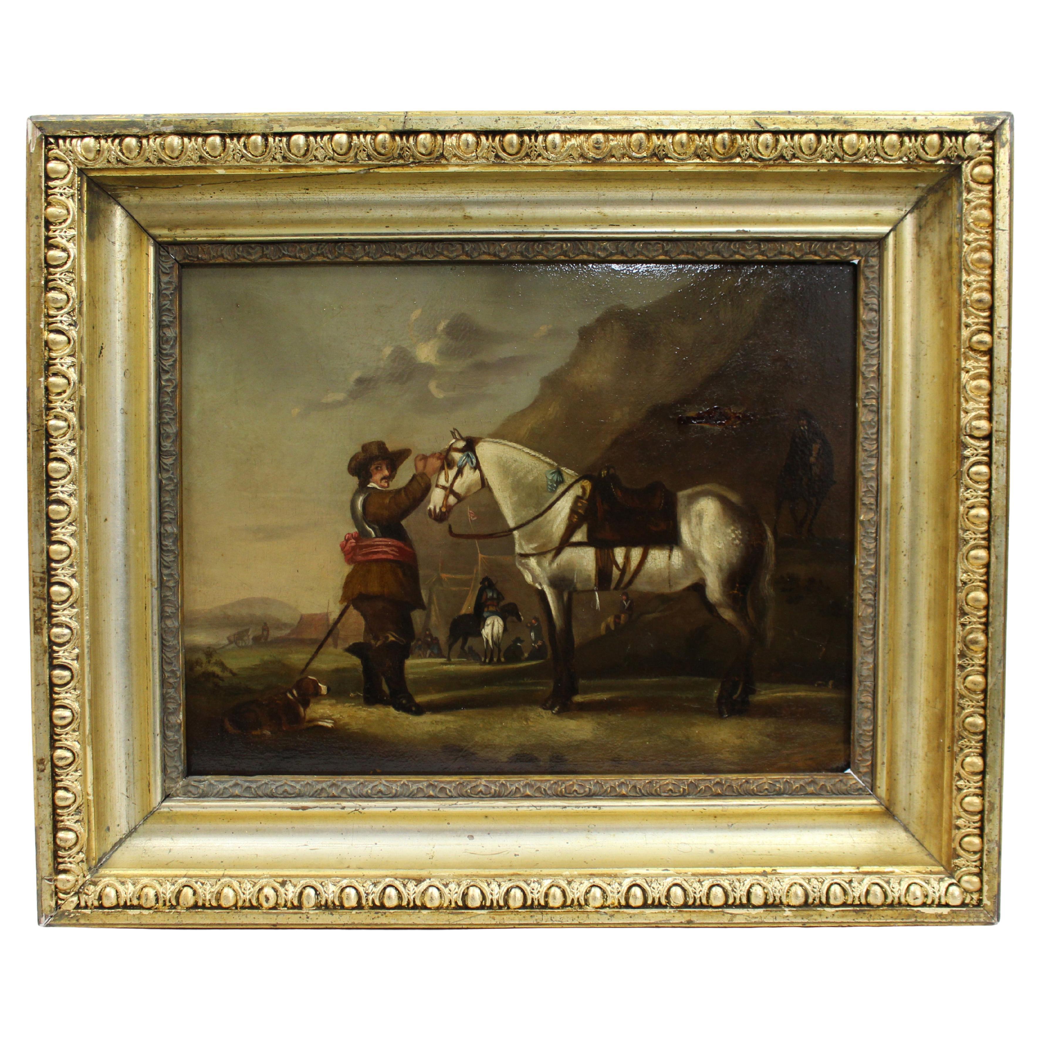 Late 18th Century English Oil Painting – Civil War Scene with Horse and Soldier